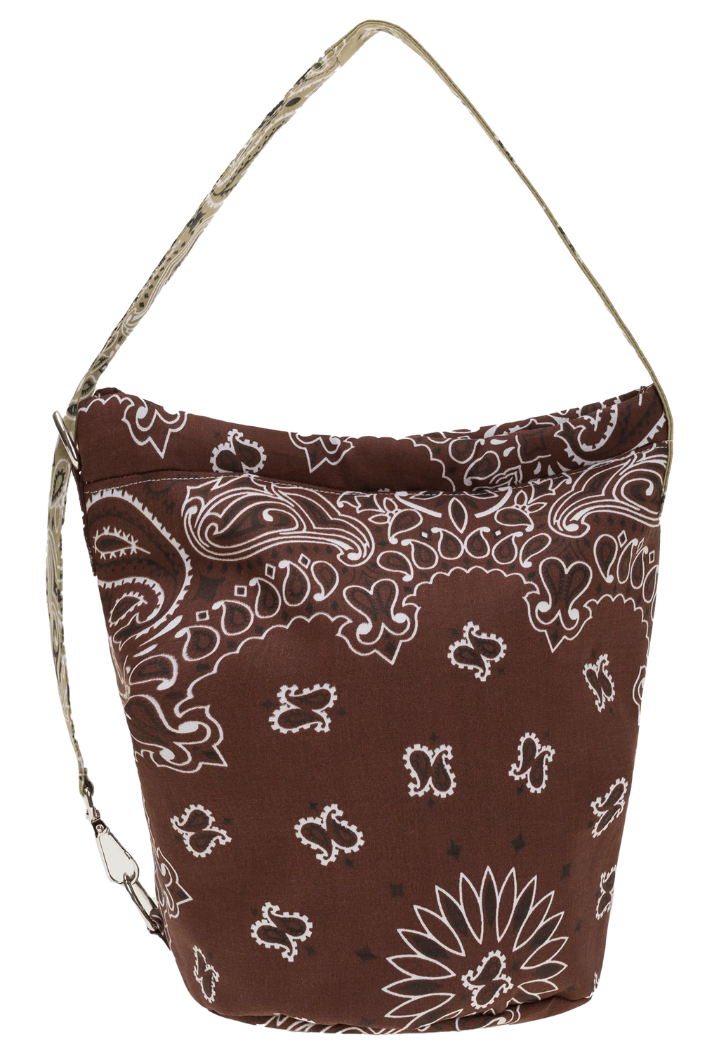 A brown fabric bucket bag with a white paisley bandana print and a matching camouflage-patterned shoulder strap, shown against a plain white background.
