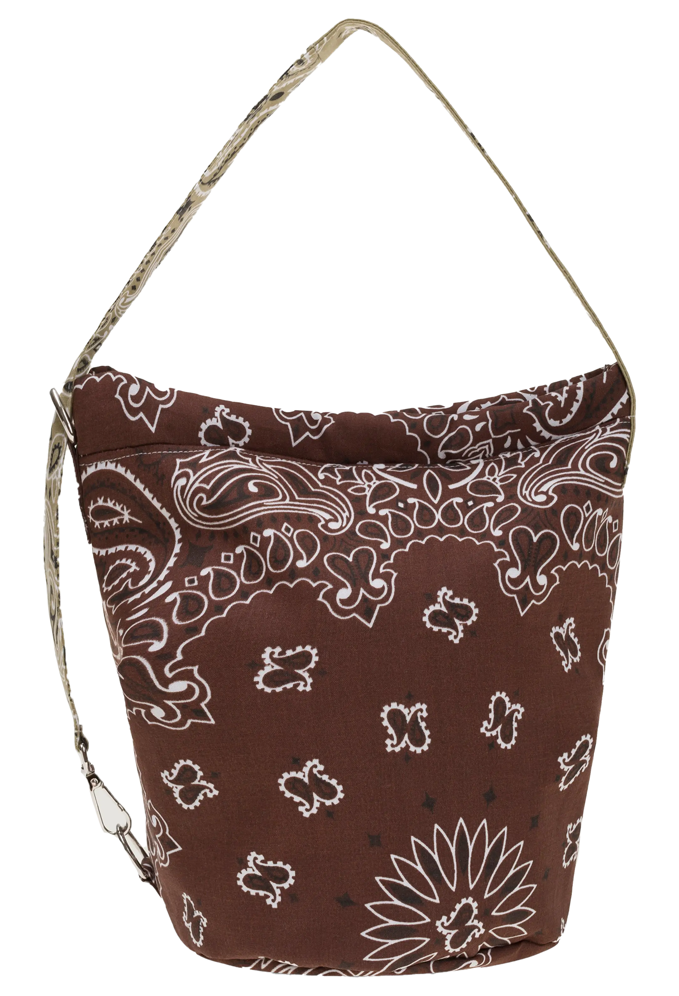 A brown fabric bucket bag with a white paisley bandana print and a matching camouflage-patterned shoulder strap, shown against a plain white background.