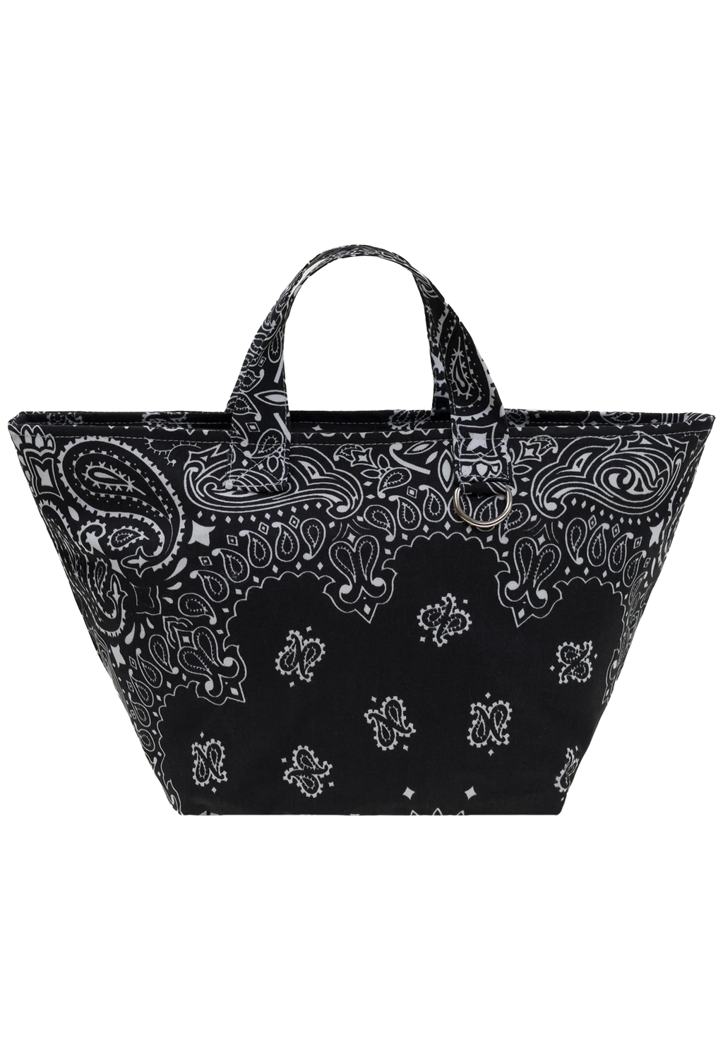 A black tote bag with a white paisley and floral bandana print, featuring two top handles, shown against a plain white background.