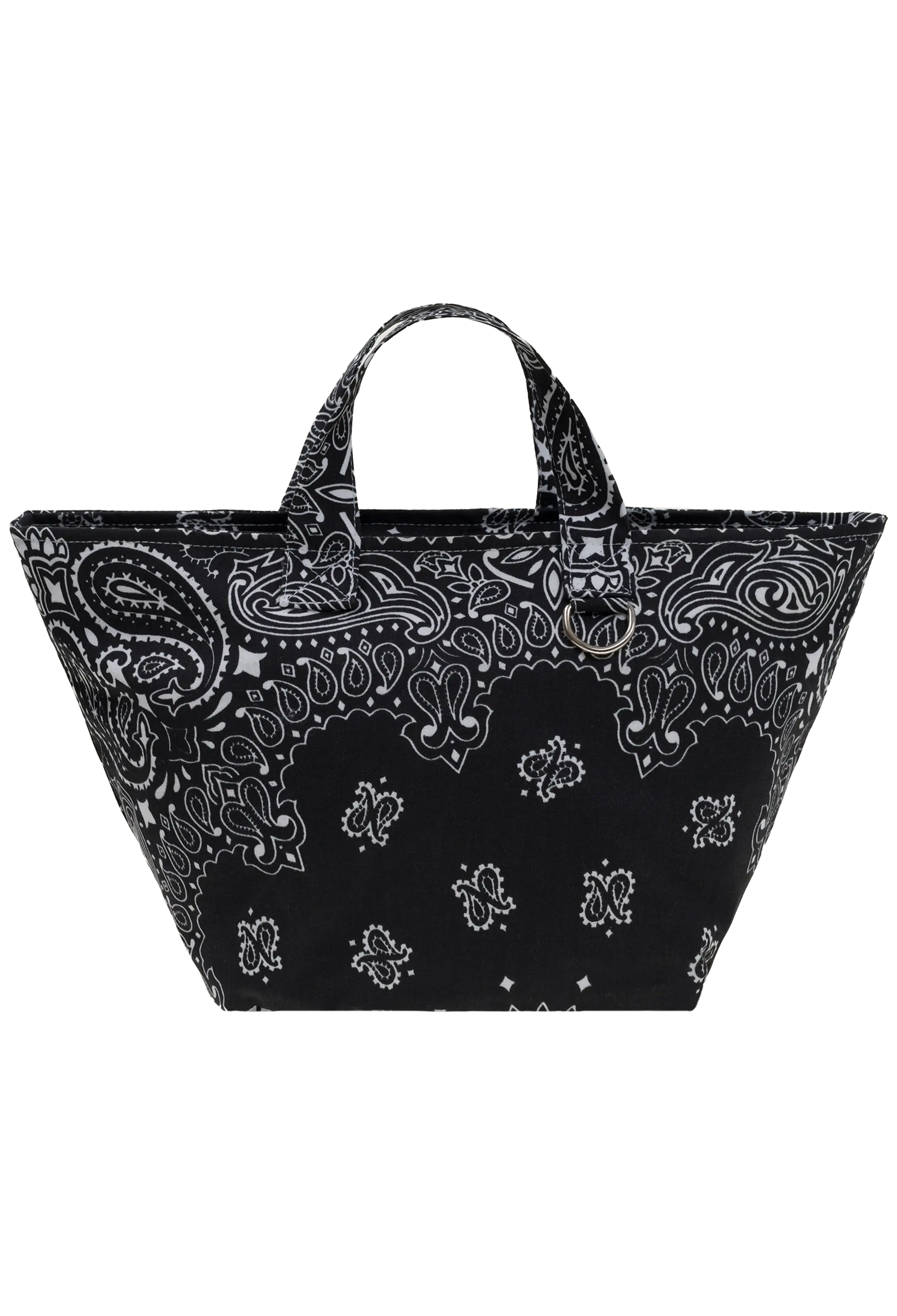 A black tote bag with a white paisley and floral bandana print, featuring two top handles, shown against a plain white background.