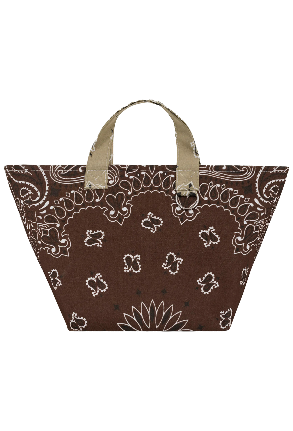 A brown canvas tote bag with a white paisley bandana print and beige fabric handles, shown against a plain white background.