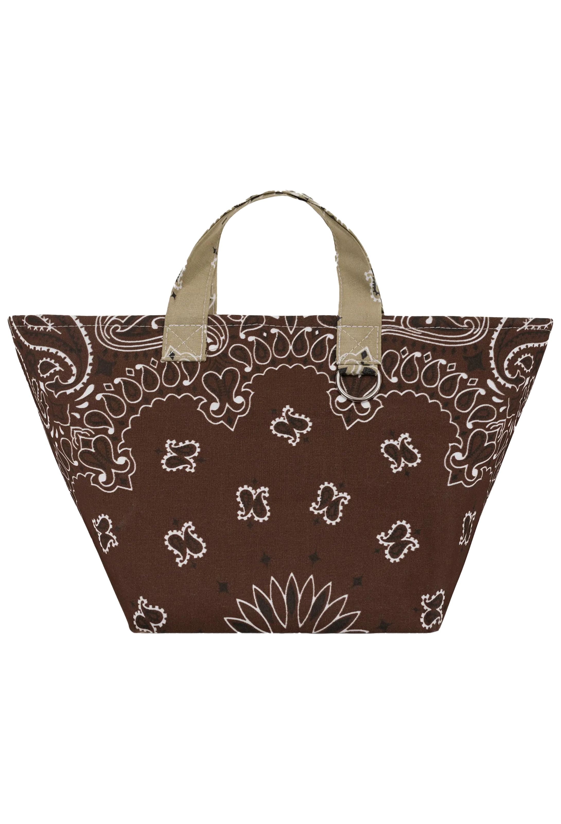 A brown canvas tote bag with a white paisley bandana print and beige fabric handles, shown against a plain white background.