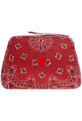 A red bandana-patterned cosmetic pouch with a top zipper, featuring a central red heart and paisley motifs in red, white, and black.