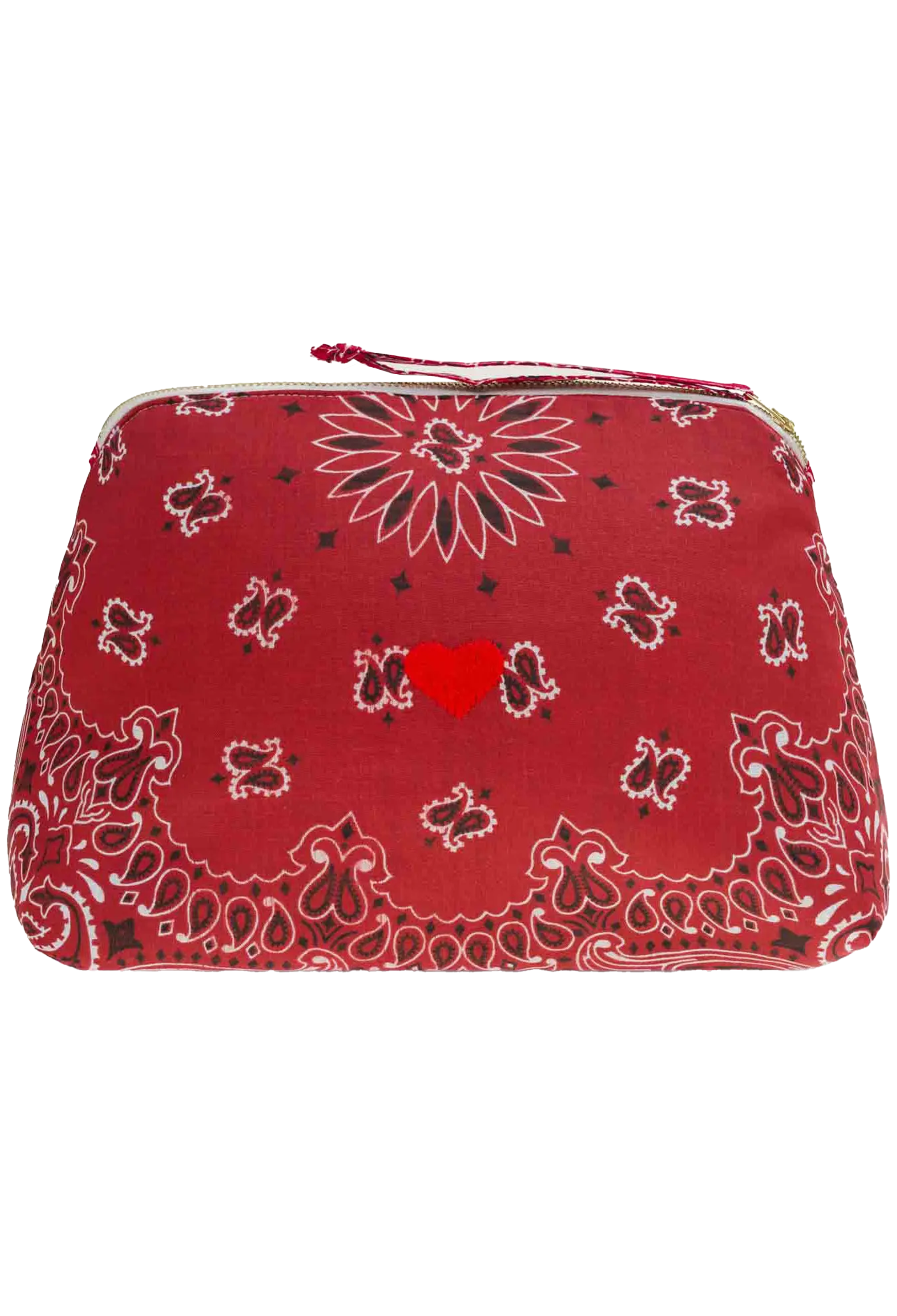 A red bandana-patterned cosmetic pouch with a top zipper, featuring a central red heart and paisley motifs in red, white, and black.