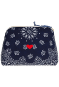 A navy blue bandana print cosmetic pouch with a white floral and paisley pattern, featuring a small red heart in the center and a blue zipper pull.
