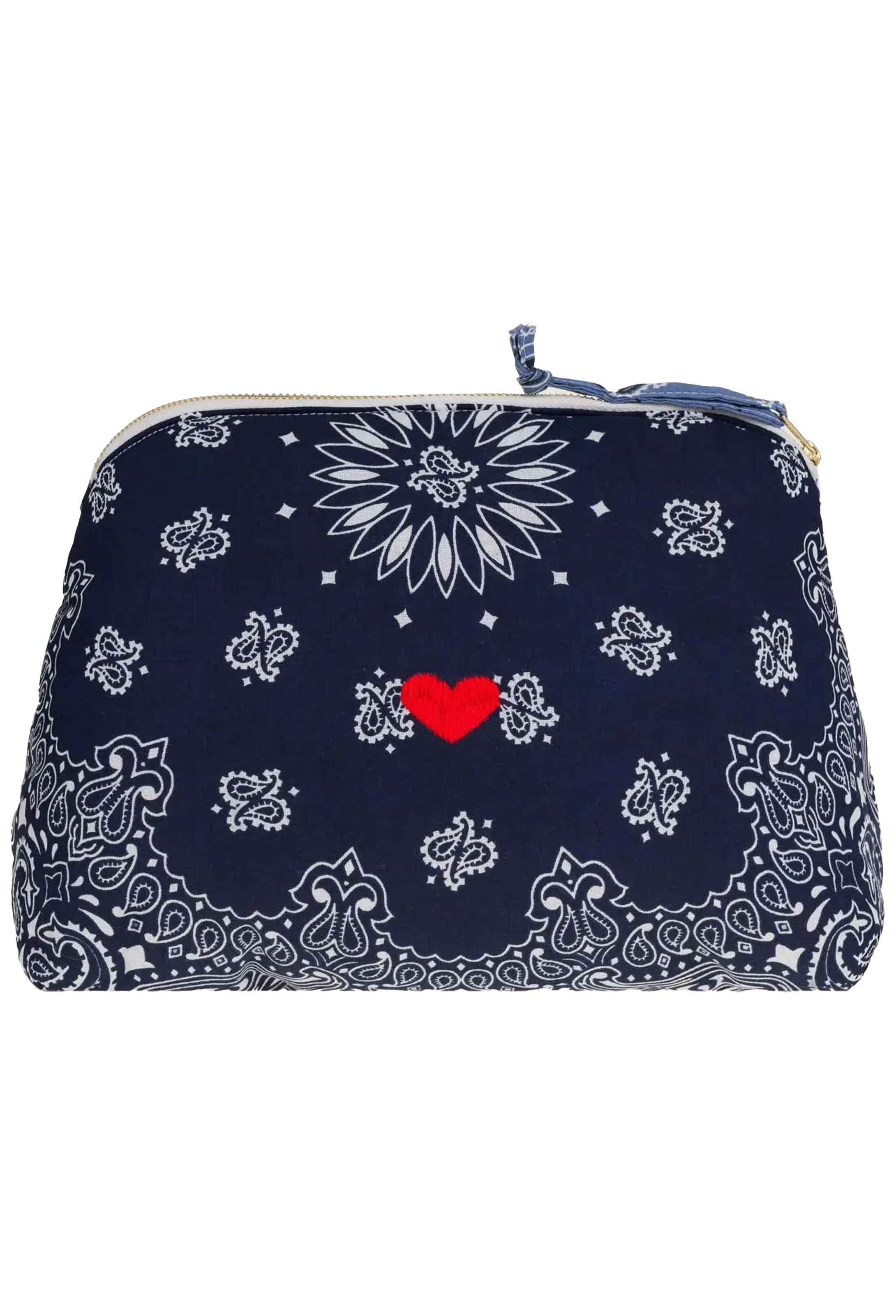 A navy blue bandana print cosmetic pouch with a white floral and paisley pattern, featuring a small red heart in the center and a blue zipper pull.