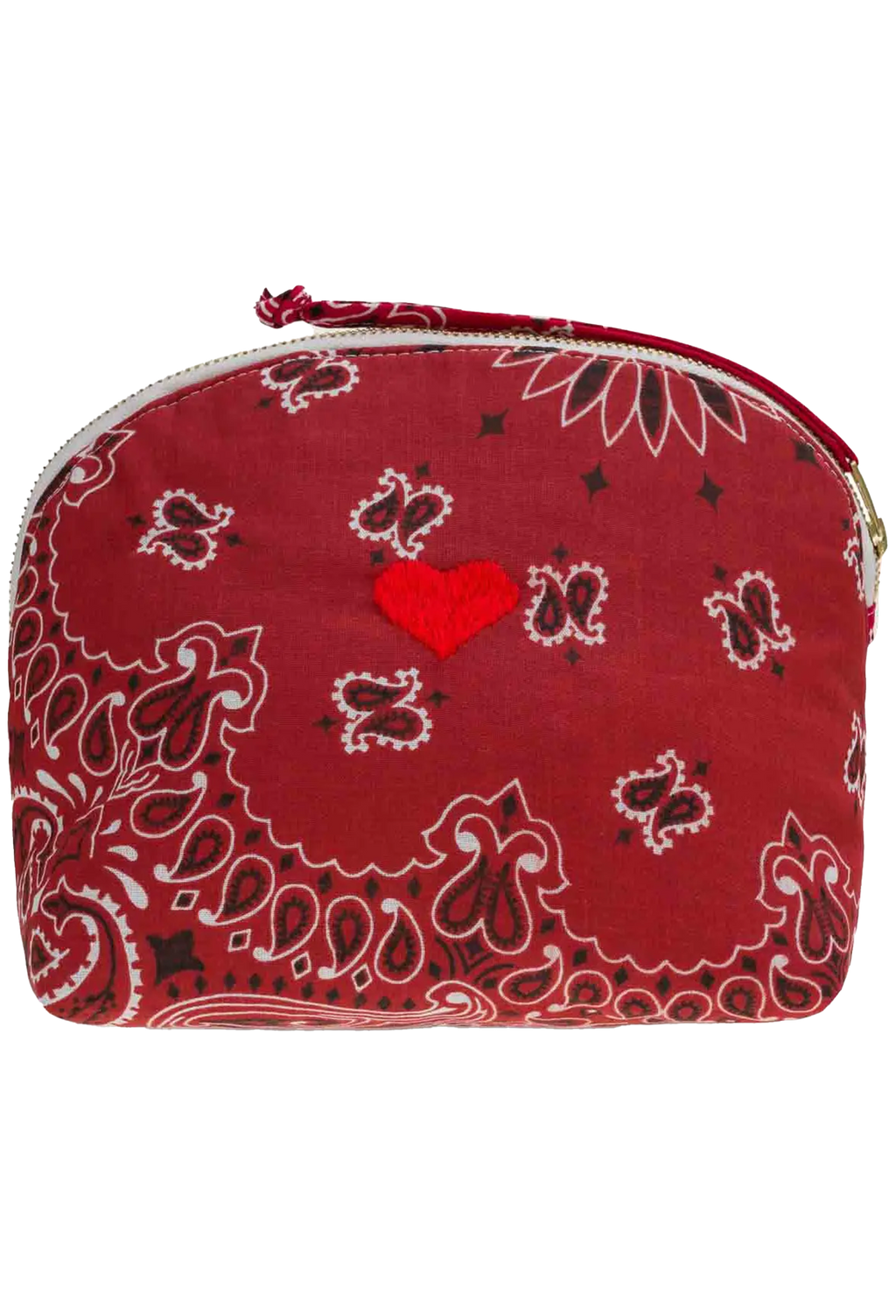 A red zippered cosmetic pouch featuring a paisley bandana pattern in red, white, and black, with a small red embroidered heart on the front.
