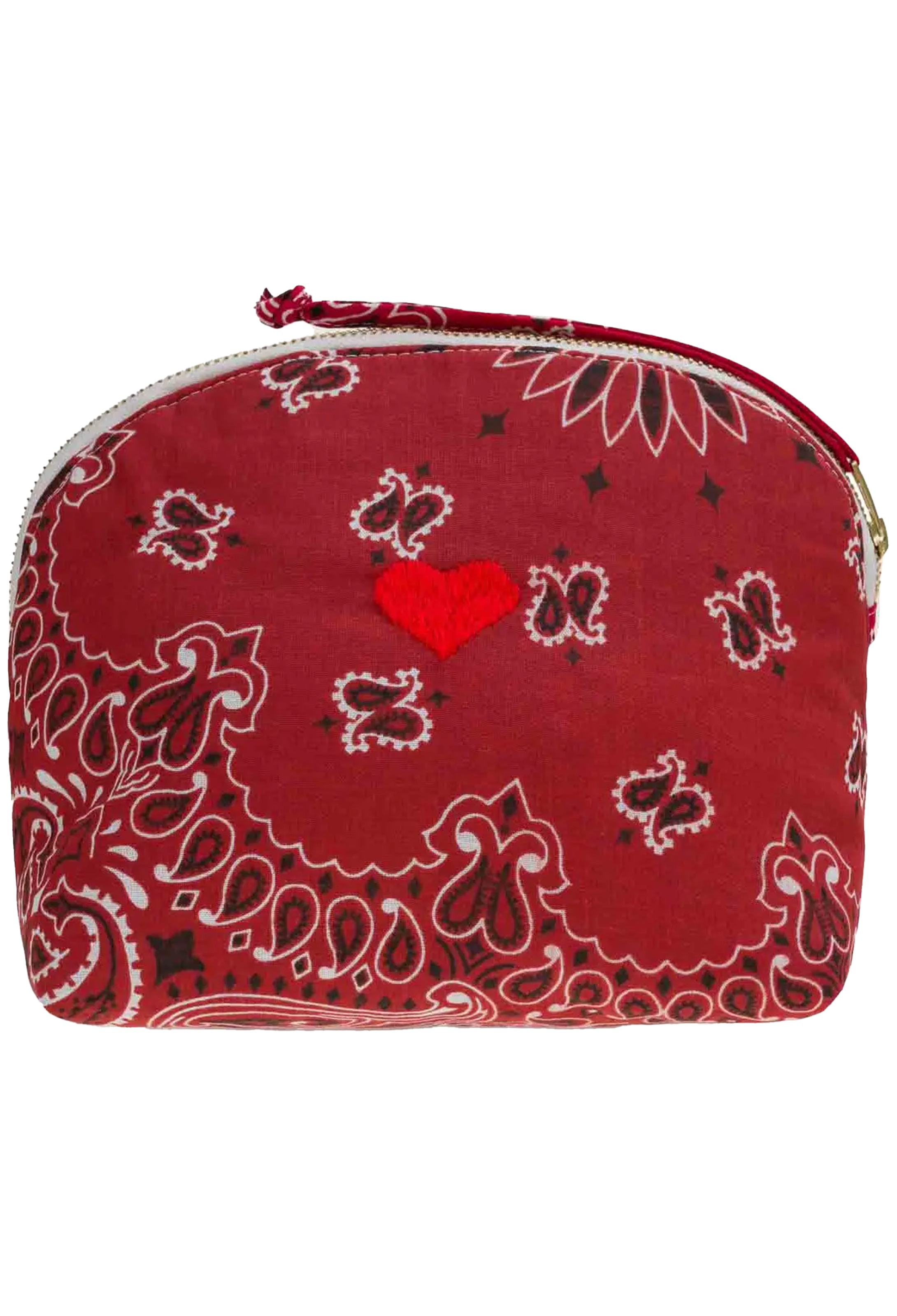 A red zippered cosmetic pouch featuring a paisley bandana pattern in red, white, and black, with a small red embroidered heart on the front.