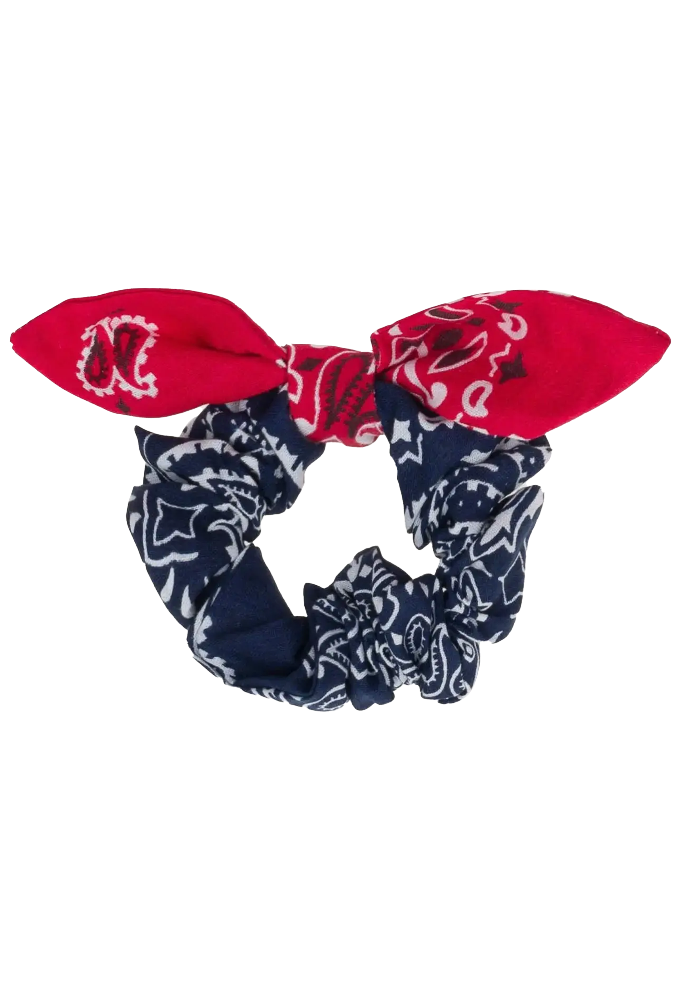 A two-piece hair accessory set featuring a red and navy blue paisley bandana tie headband and a matching scrunchie, displayed on a solid white background.