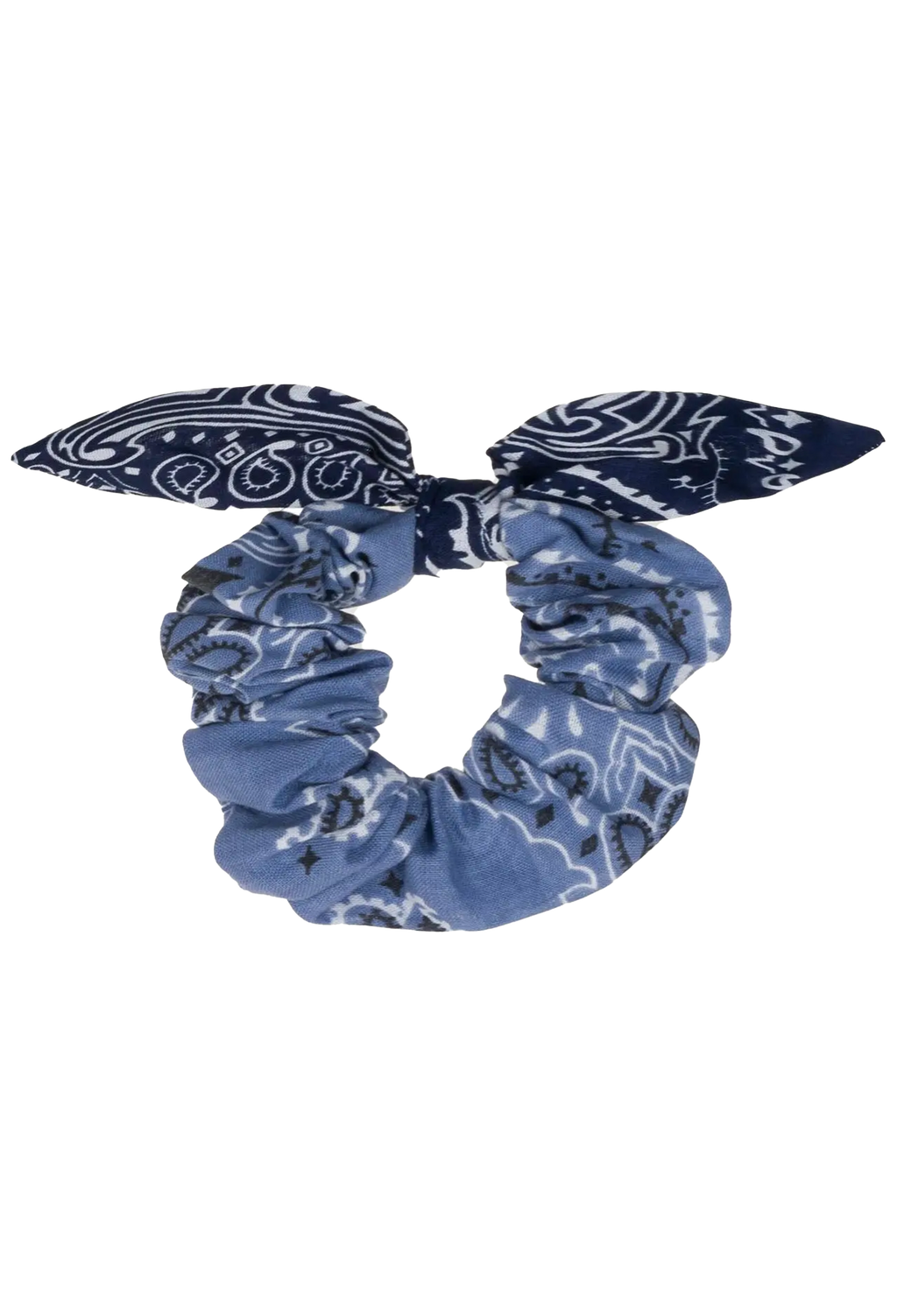 A blue and navy bandana scrunchie with a bow detail, featuring a paisley and floral pattern, isolated on a white background.