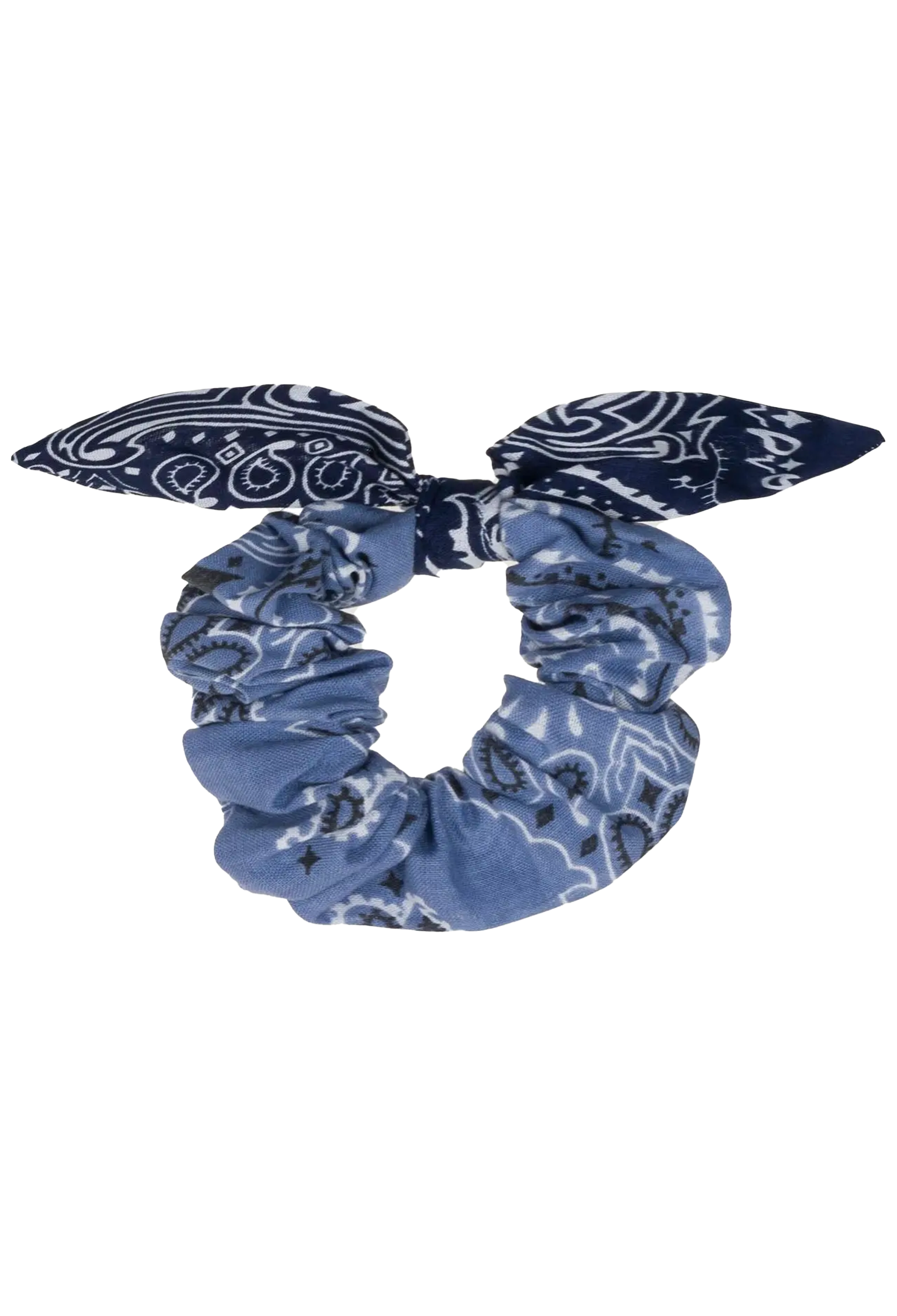 A blue and navy bandana scrunchie with a bow detail, featuring a paisley and floral pattern, isolated on a white background.