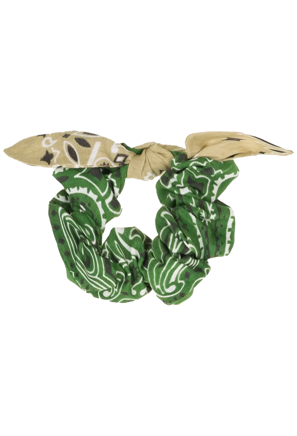A fabric scrunchie with a split knot design, featuring a green and white abstract pattern on one side and a beige and white paisley pattern on the other, set against a plain white background.