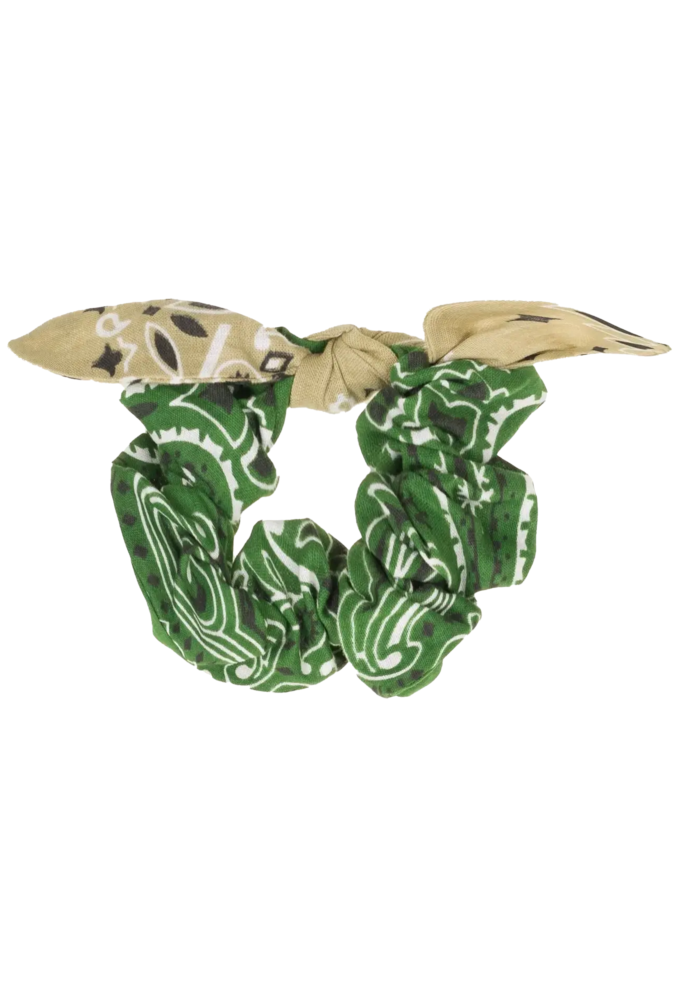 A fabric scrunchie with a split knot design, featuring a green and white abstract pattern on one side and a beige and white paisley pattern on the other, set against a plain white background.