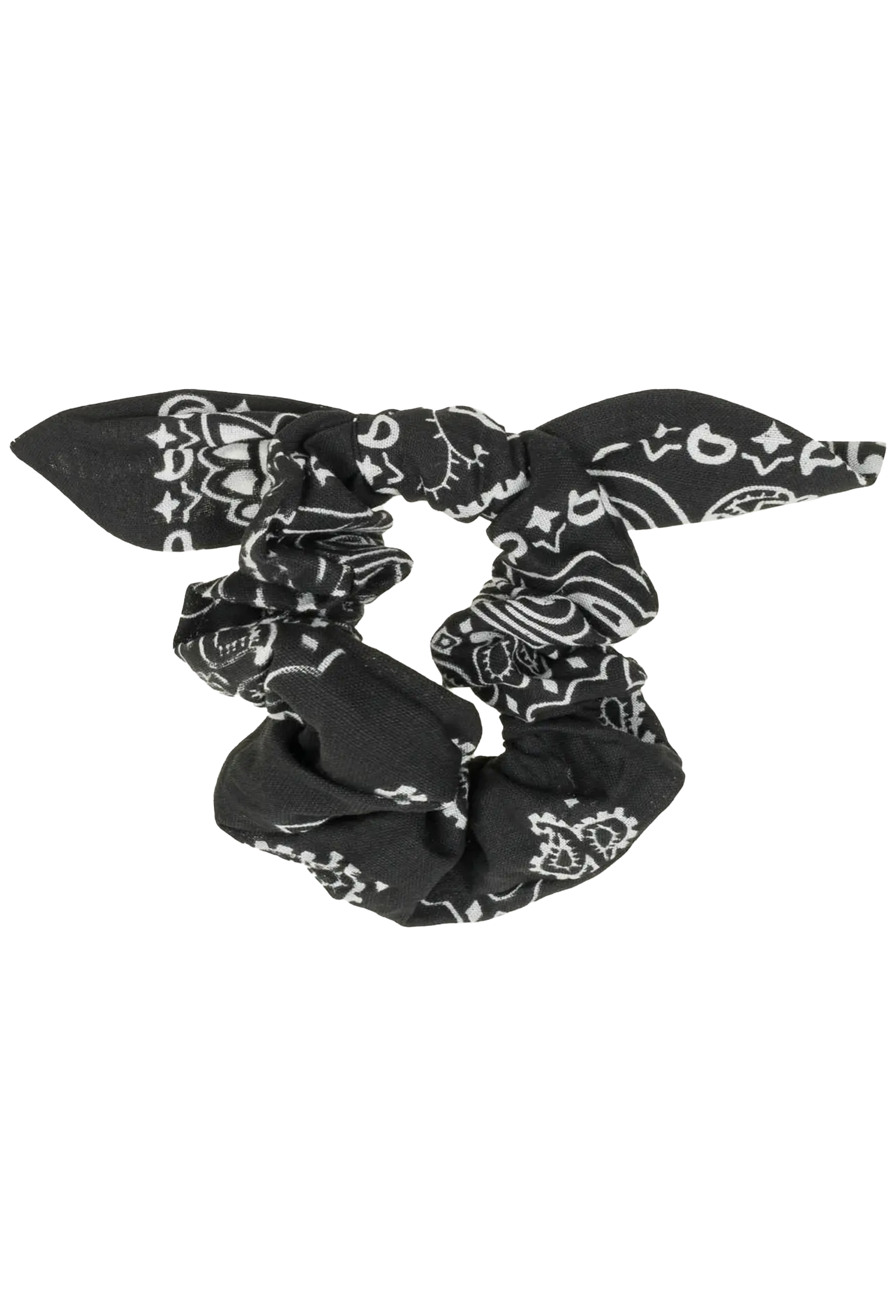 A black fabric scrunchie with a white paisley bandana print, shown against a plain white background.