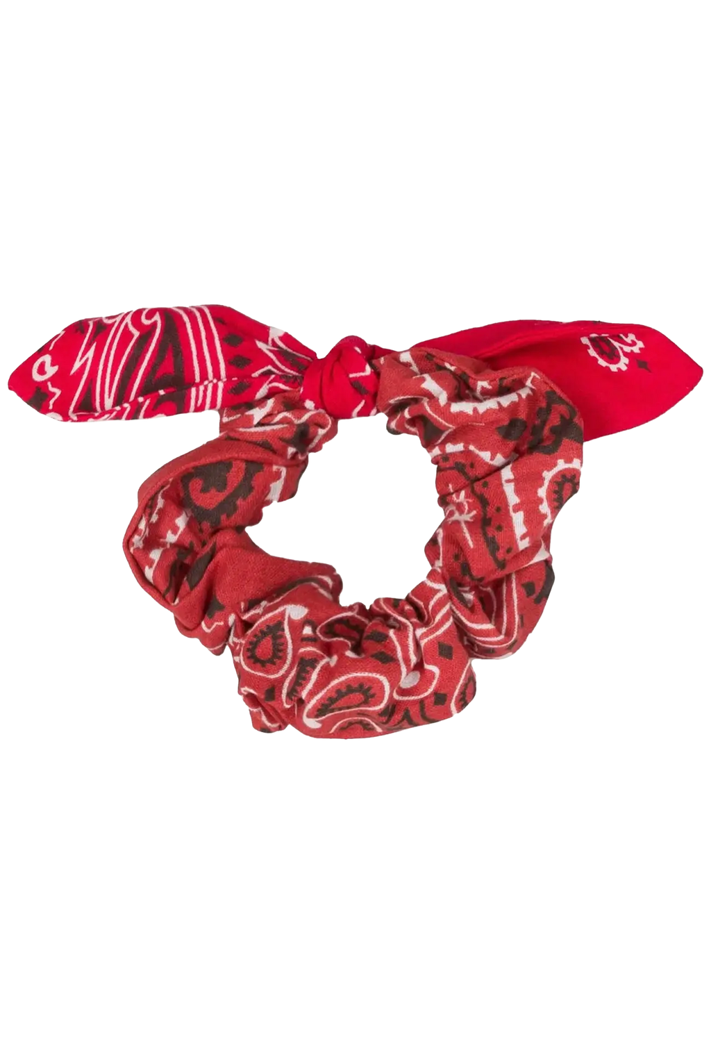 A red scrunchie made from a patterned bandana tie, featuring a paisley and stripe design in red, white, and black, isolated on a white background.
