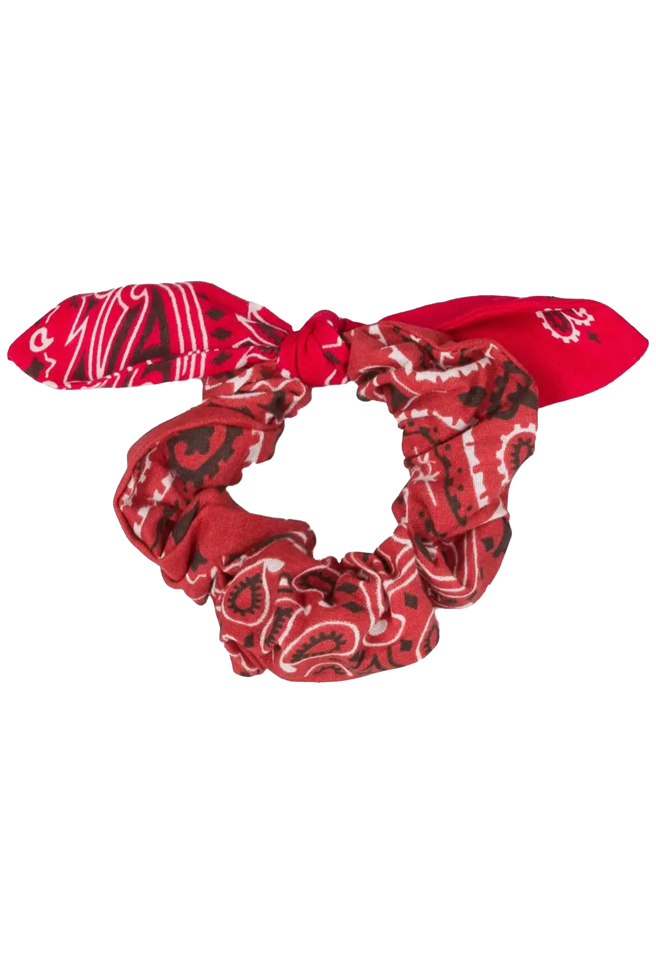 A red scrunchie made from a patterned bandana tie, featuring a paisley and stripe design in red, white, and black, isolated on a white background.