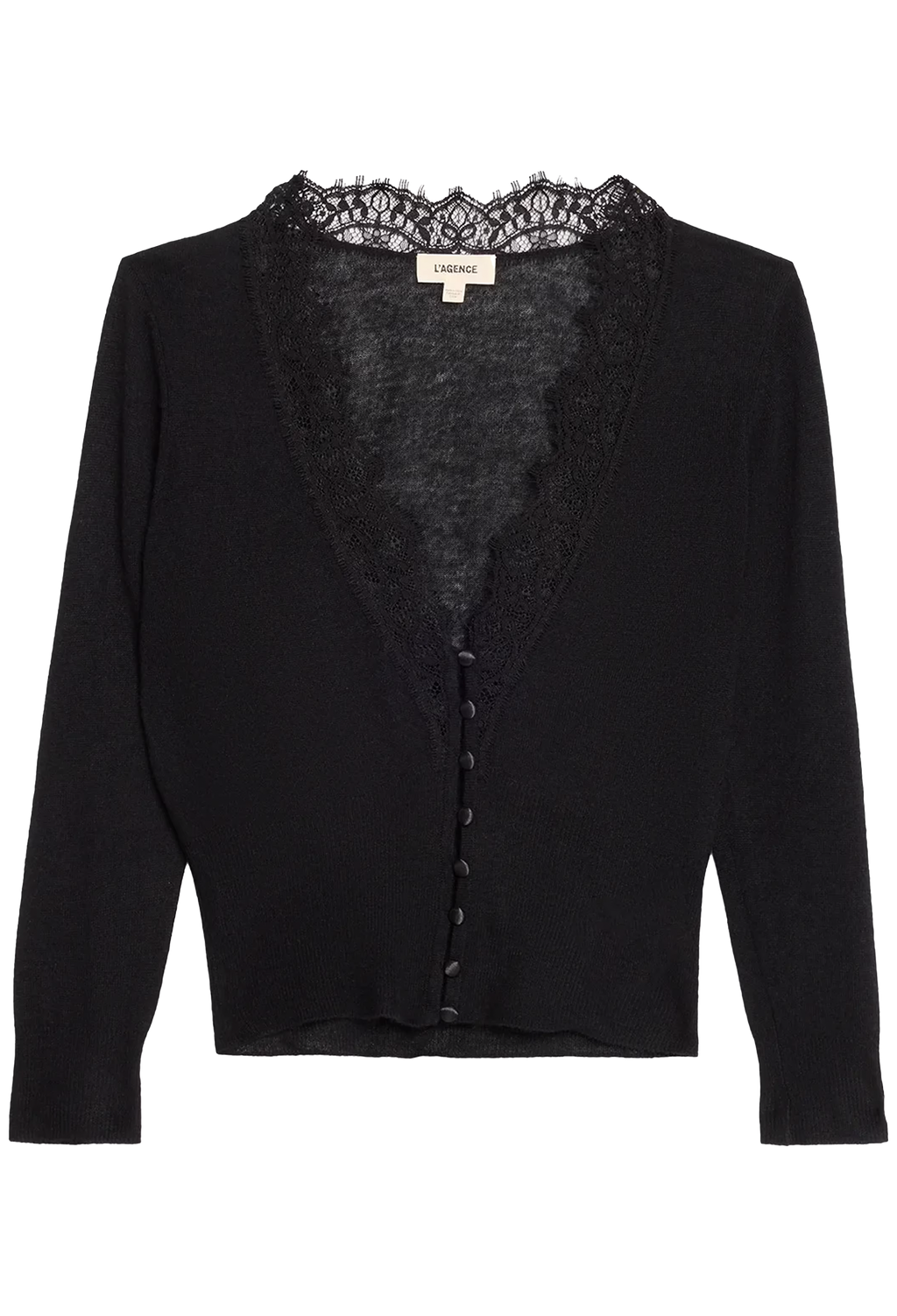 A black long-sleeve cardigan featuring a sheer black lace V-neckline trim and a button-front closure, shown flat against a white background.