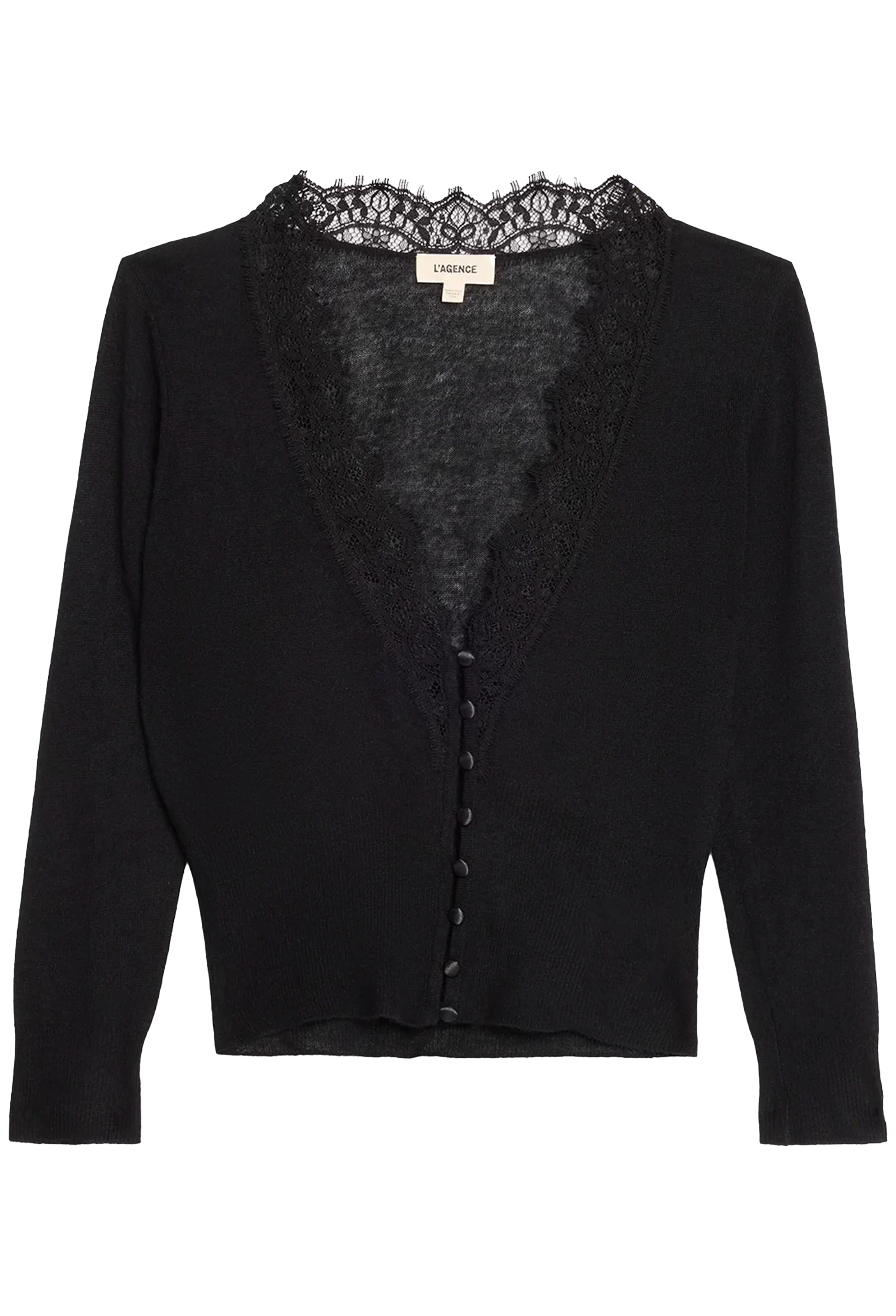 A black long-sleeve cardigan featuring a sheer black lace V-neckline trim and a button-front closure, shown flat against a white background.