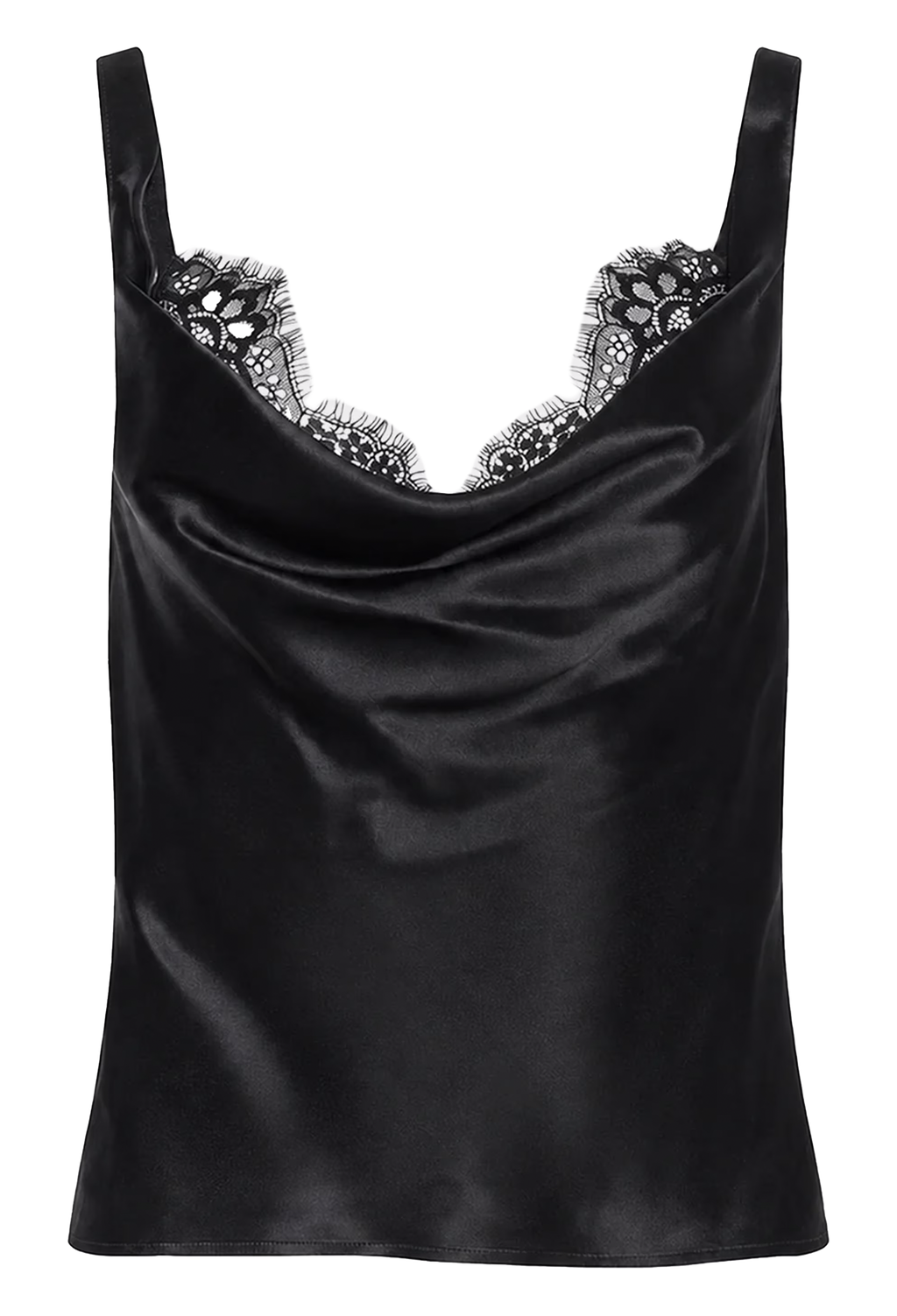 A black satin camisole top with wide shoulder straps and a delicate black lace underwire bust, shown against a plain white background.