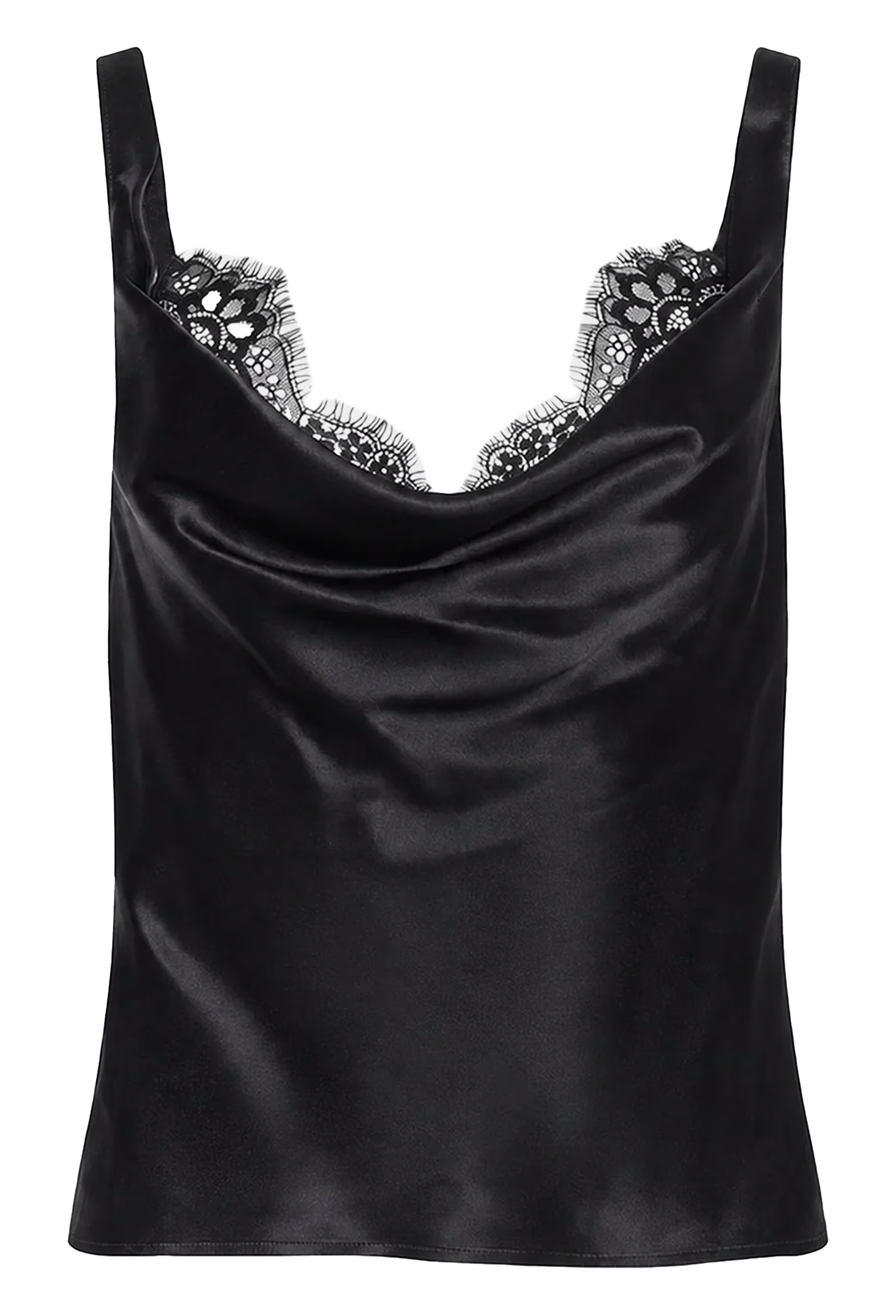 A black satin camisole top with wide shoulder straps and a delicate black lace underwire bust, shown against a plain white background.