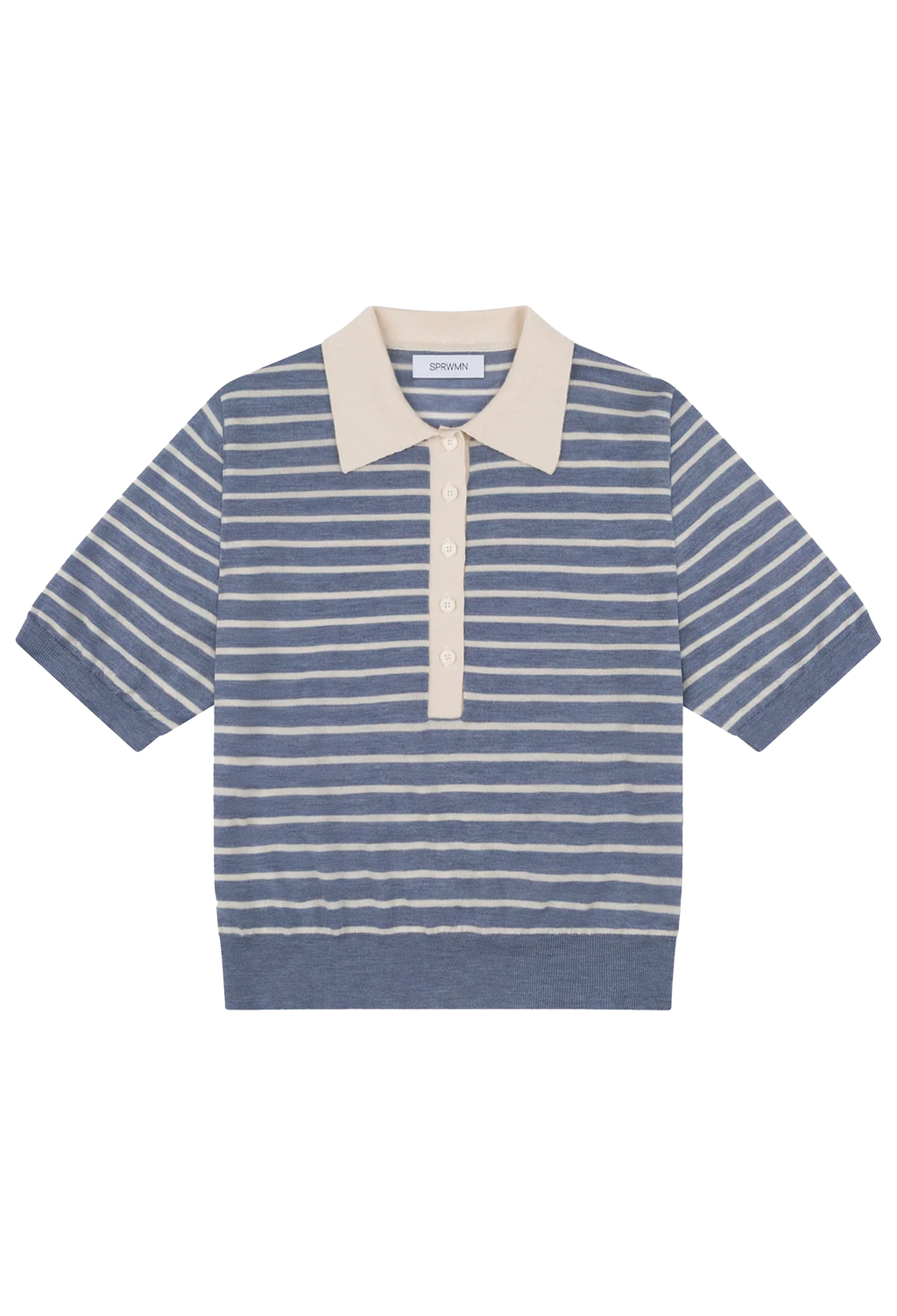 A short-sleeve knit polo shirt with horizontal blue and cream stripes, featuring a solid cream collar and placket, displayed flat against a white background.