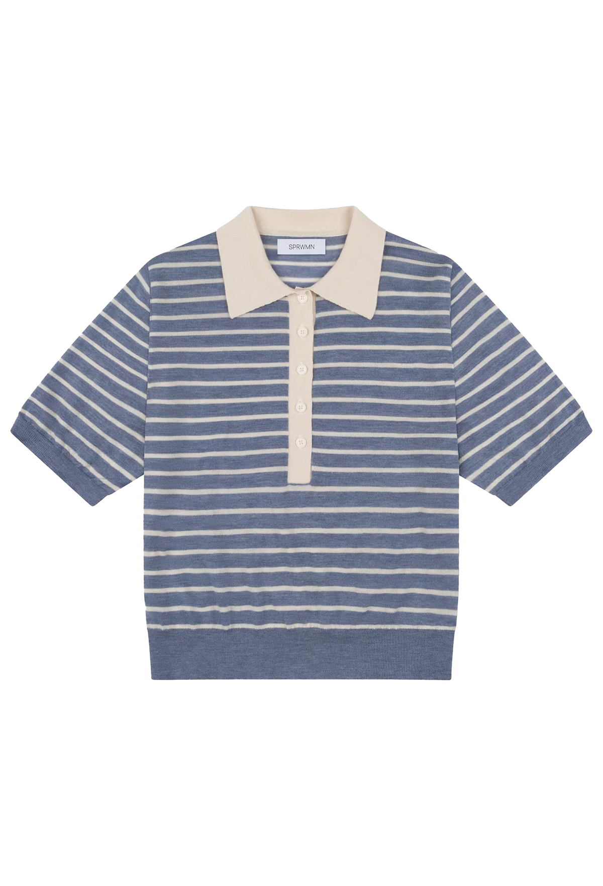 A short-sleeve knit polo shirt with horizontal blue and cream stripes, featuring a solid cream collar and placket, displayed flat against a white background.