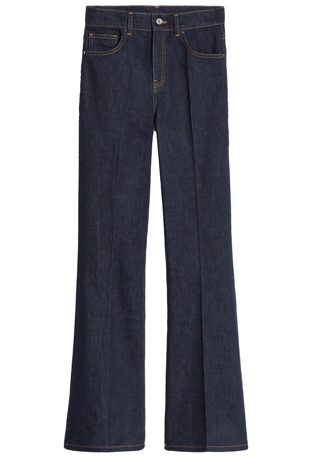 Dark blue denim flare jeans with a straight waist and front pleats, shown flat on a white background.