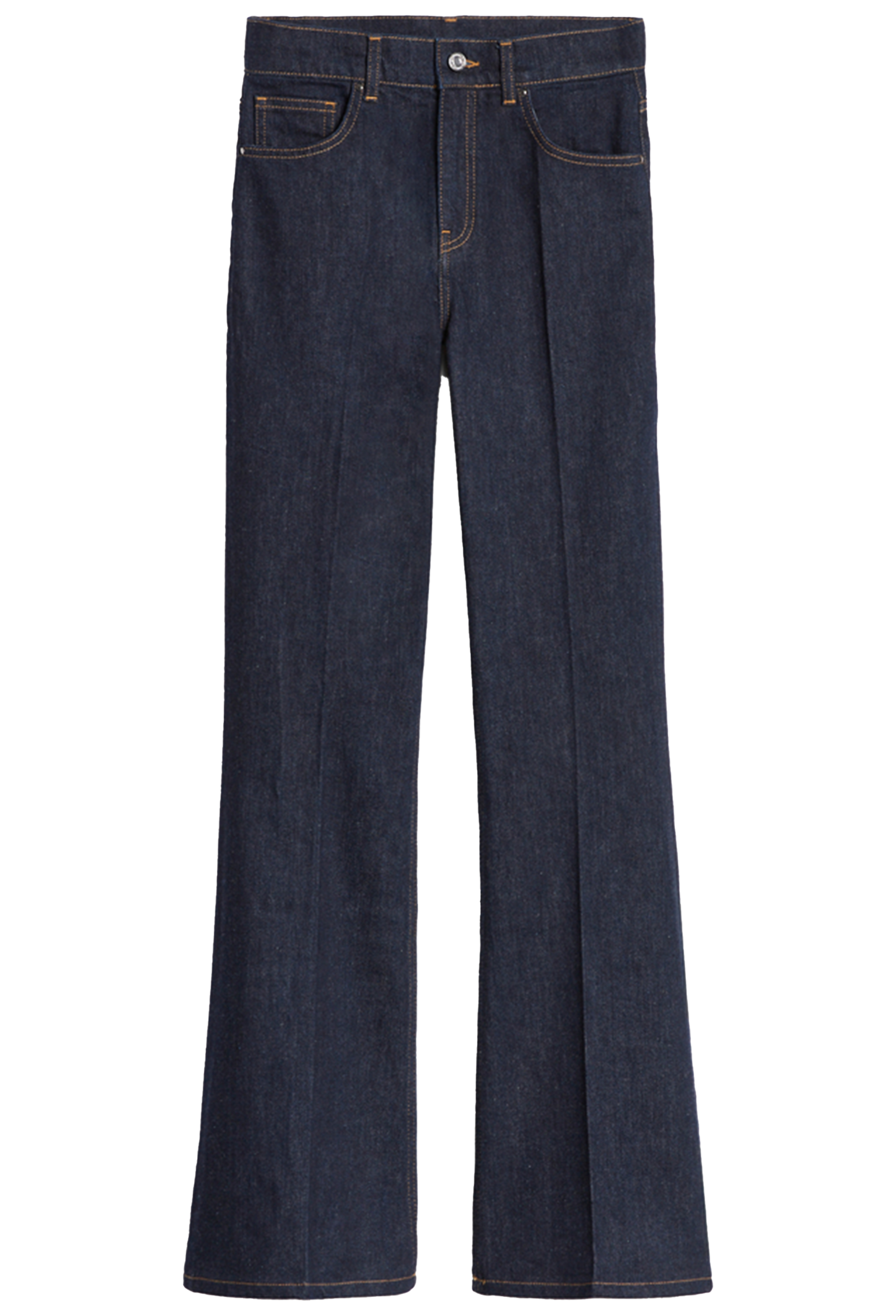 Dark blue denim flare jeans with a straight waist and front pleats, shown flat on a white background.