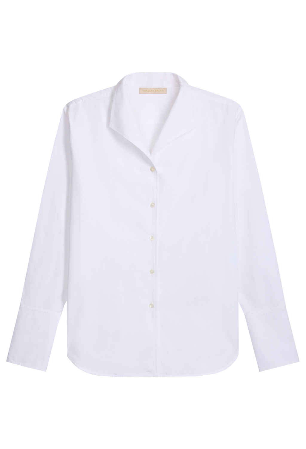 A white long-sleeve button-up shirt with a relaxed collar and buttoned front, displayed flat against a solid white background.