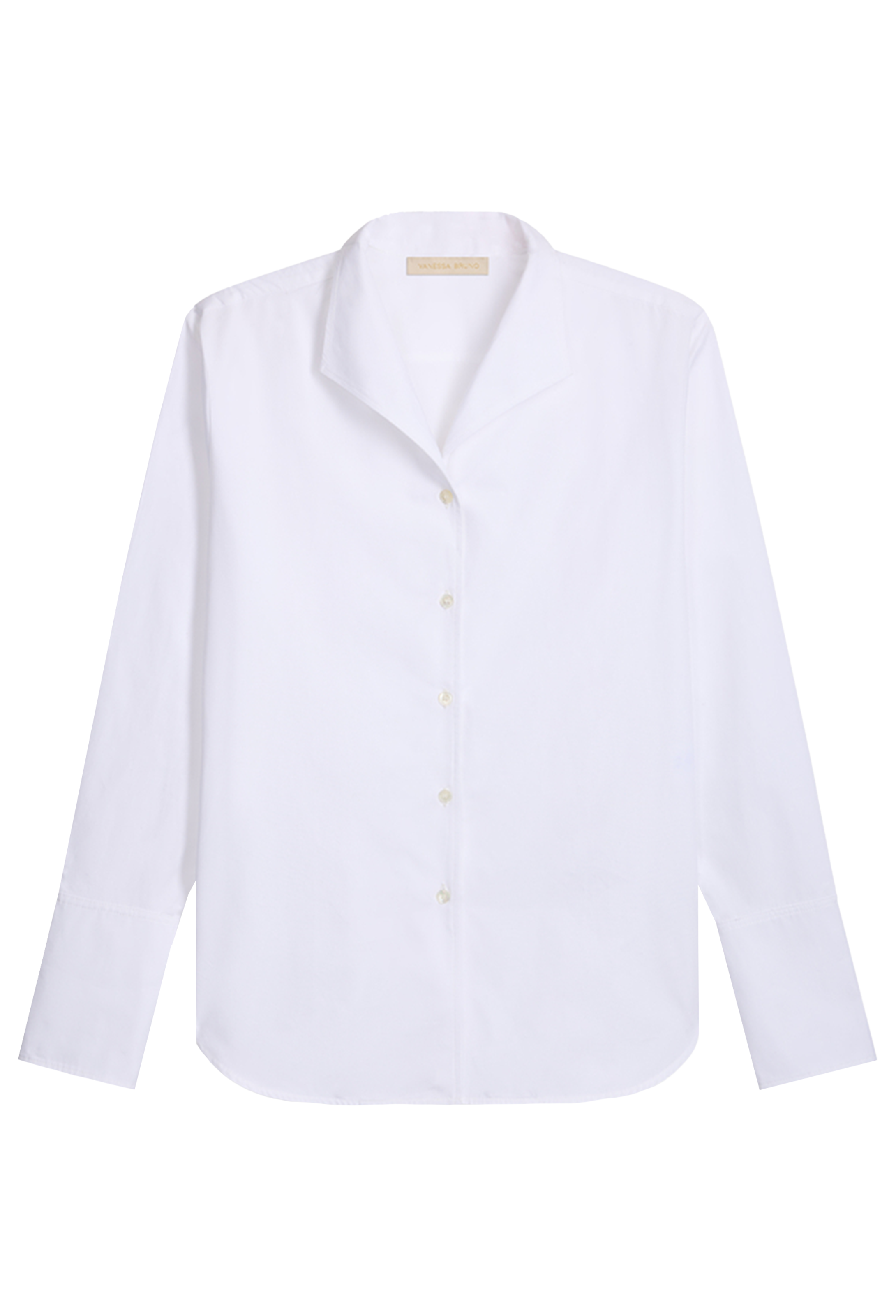 A white long-sleeve button-up shirt with a relaxed collar and buttoned front, displayed flat against a solid white background.