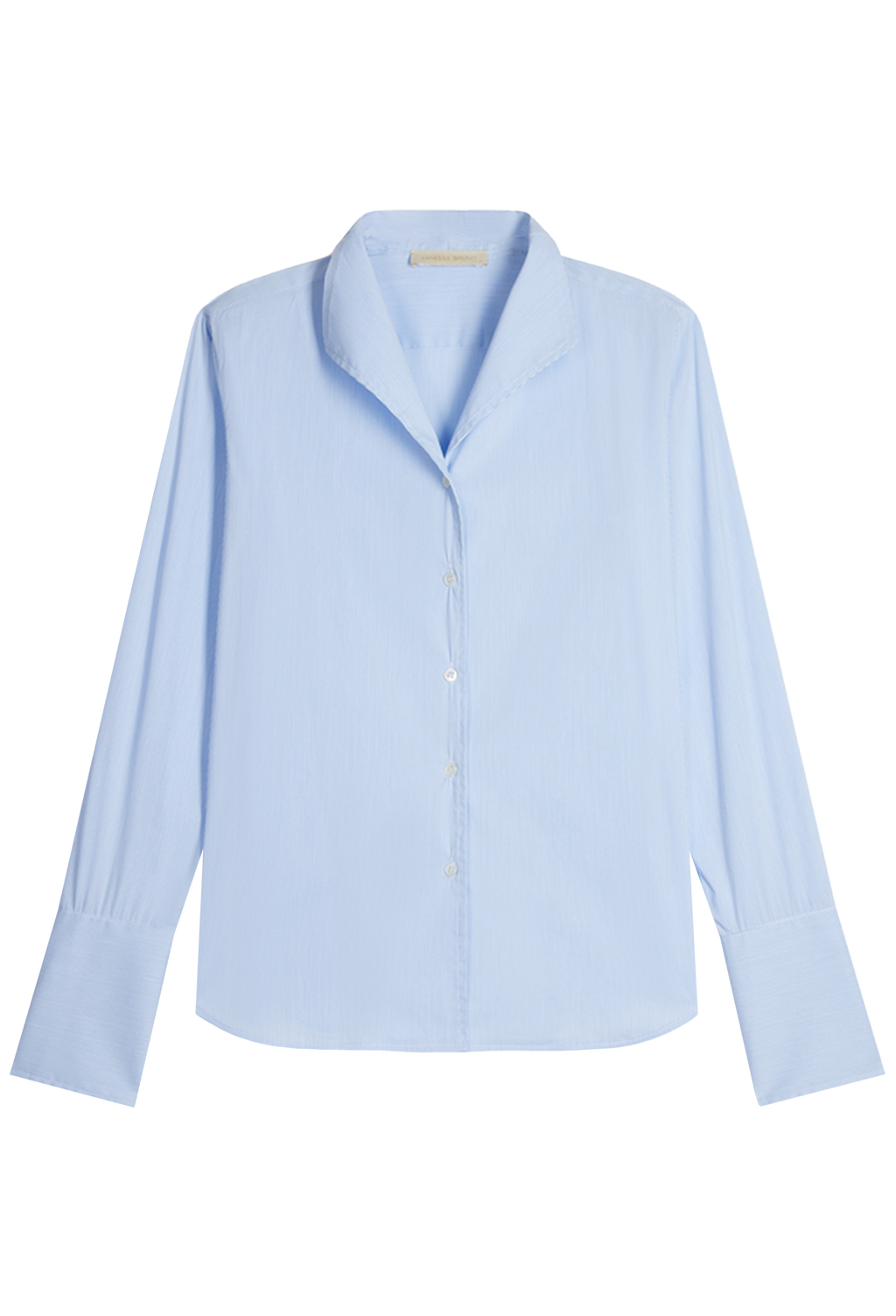 A light blue long-sleeve button-up shirt with a relaxed, slightly oversized fit, a notched lapel collar, and buttoned cuffs, shown flat on a white background.