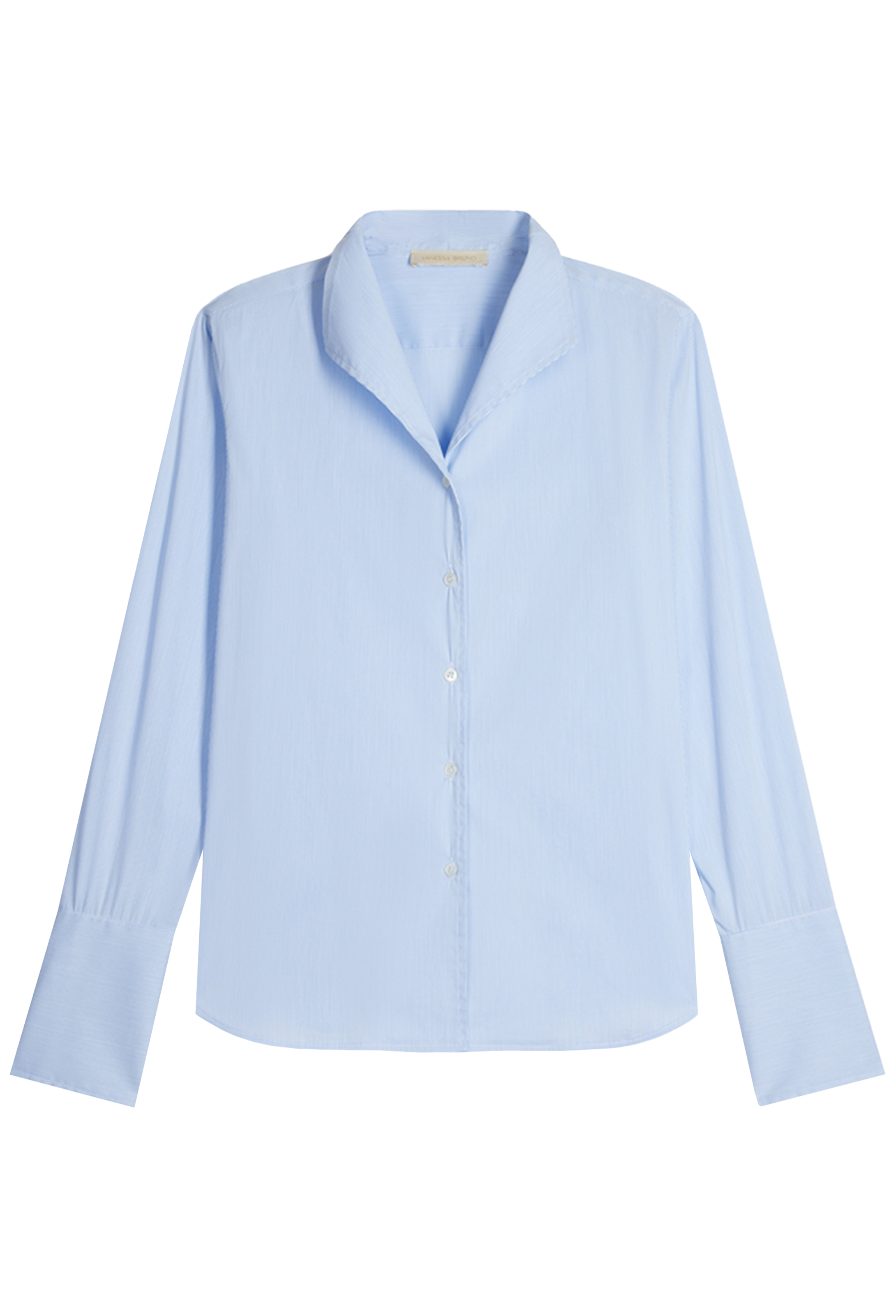 A light blue long-sleeve button-up shirt with a relaxed, slightly oversized fit, a notched lapel collar, and buttoned cuffs, shown flat on a white background.