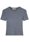 A short-sleeve crewneck ribbed knit top in a heathered slate blue-gray color, displayed flat against a solid white background.