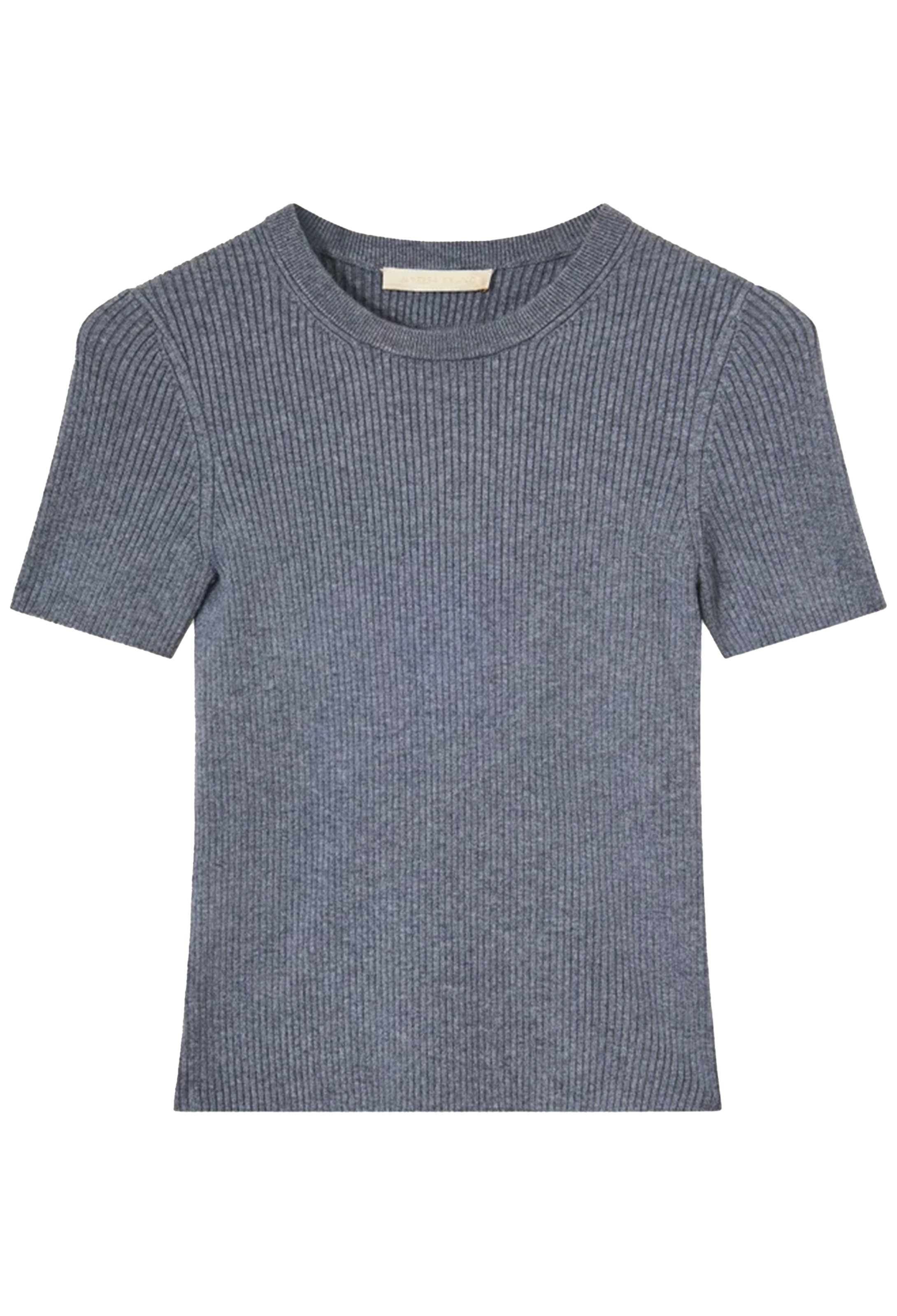A short-sleeve crewneck ribbed knit top in a heathered slate blue-gray color, displayed flat against a solid white background.