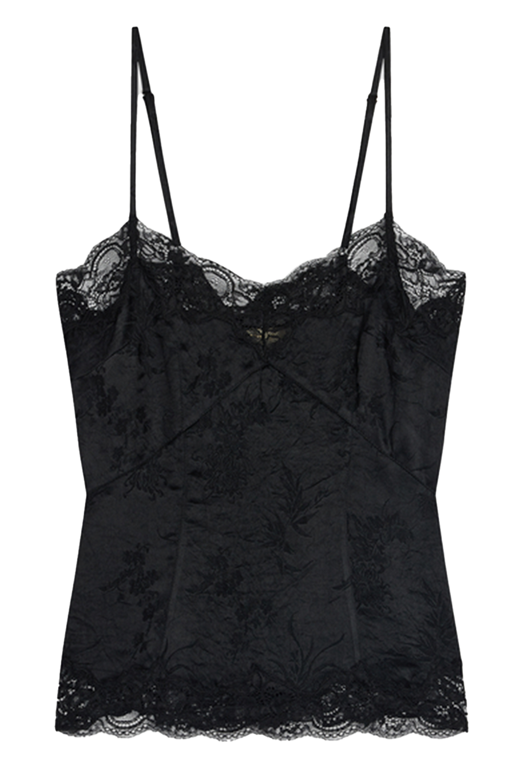 A black lace camisole top with thin shoulder straps, a floral jacquard pattern, and a scalloped lace hem, shown against a plain white background.