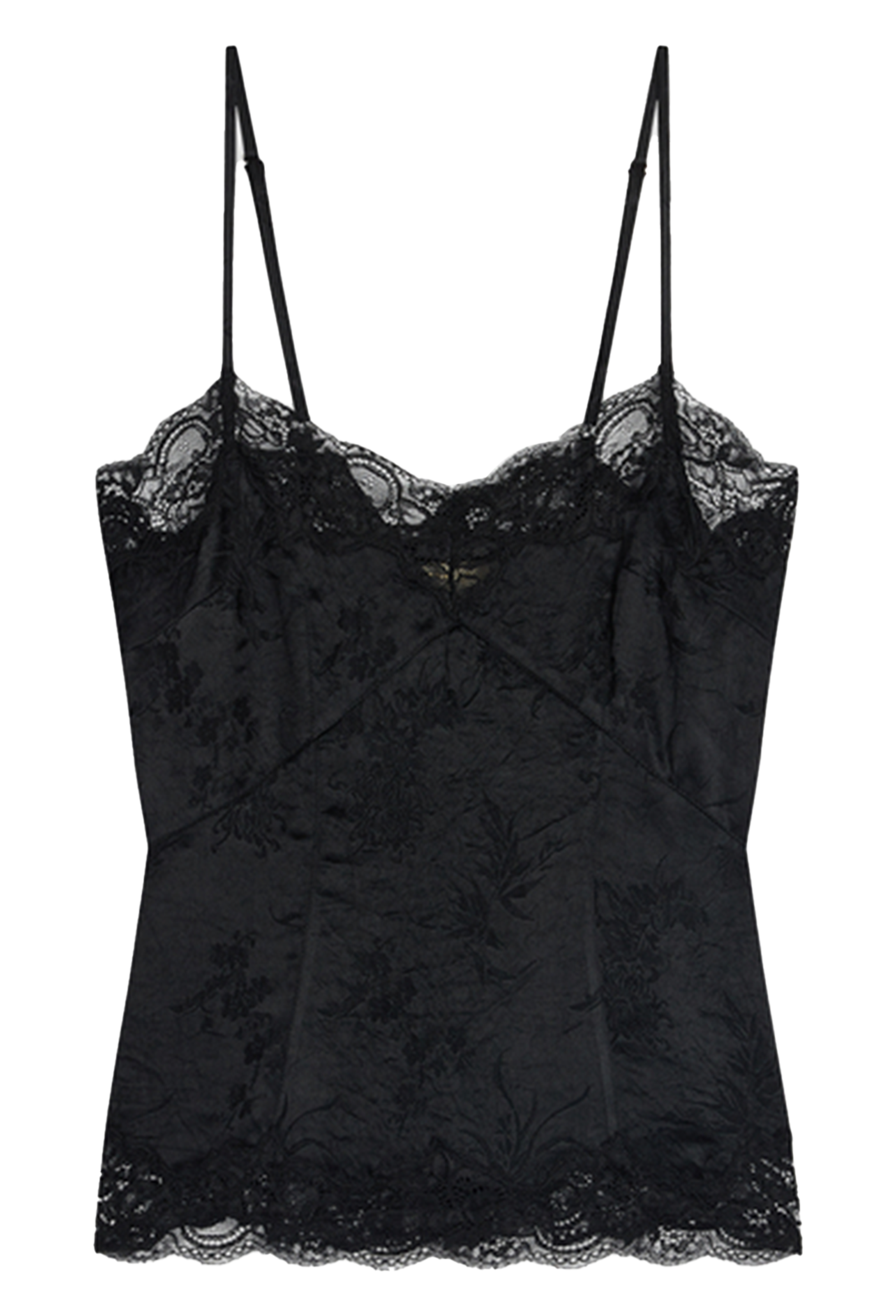 A black lace camisole top with thin shoulder straps, a floral jacquard pattern, and a scalloped lace hem, shown against a plain white background.