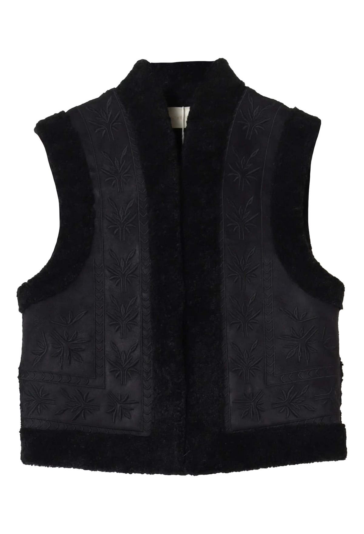 A black sleeveless vest featuring a plush fur collar, hem, and lining, with matching black textured panels and starburst embroidery on the front.