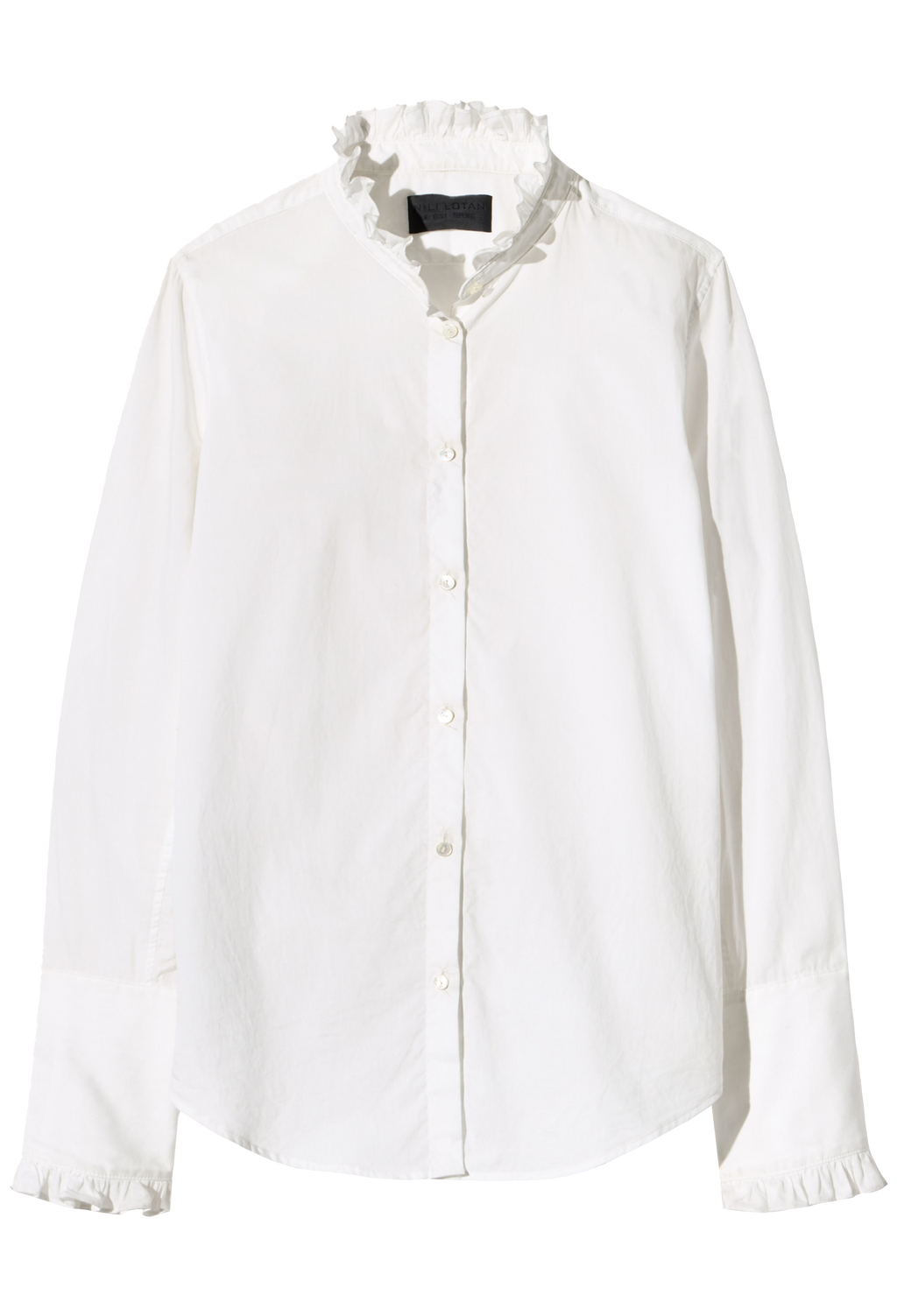 An off-white long-sleeve button-up shirt with a ruffled collar and ruffled trim at the cuffs, displayed flat against a white background.