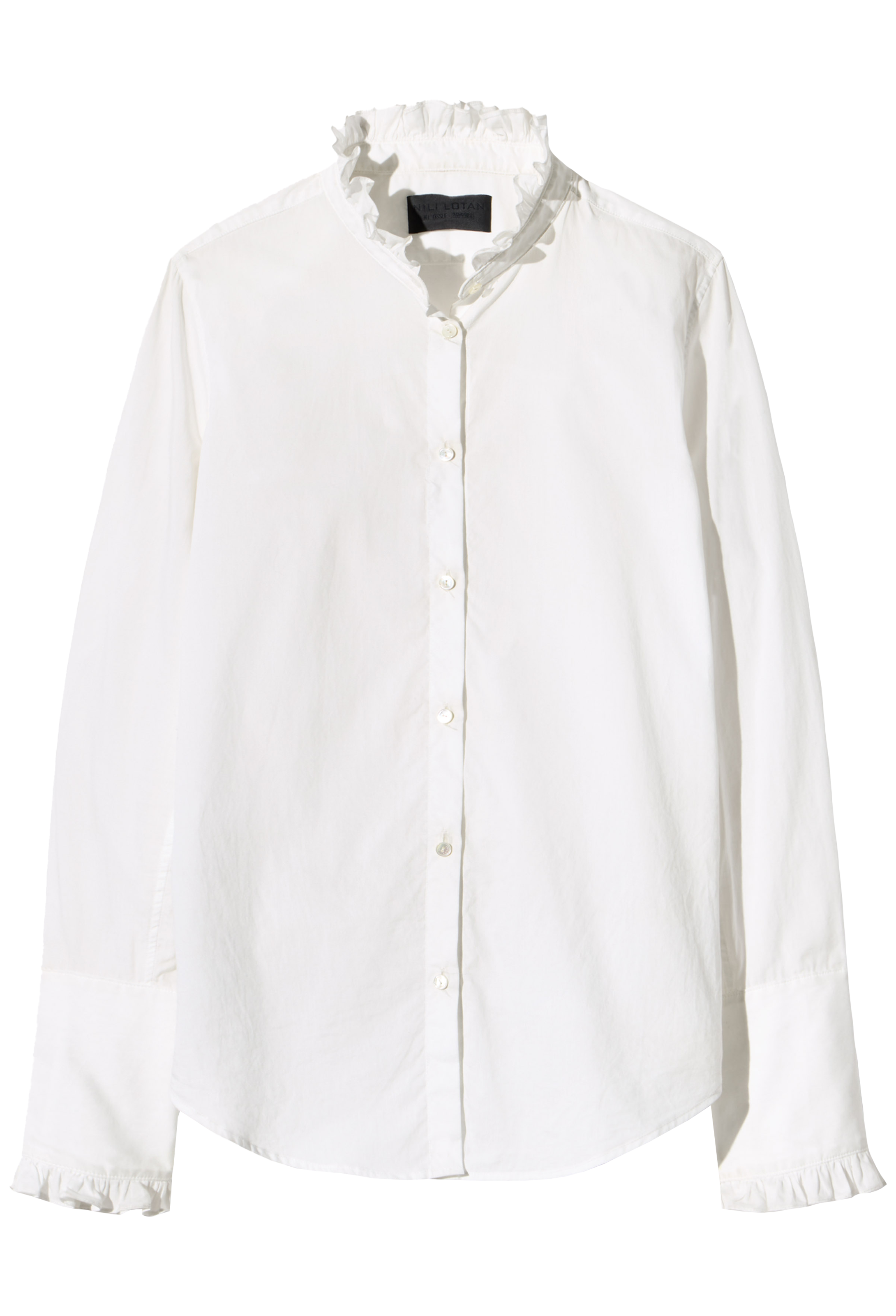An off-white long-sleeve button-up shirt with a ruffled collar and ruffled trim at the cuffs, displayed flat against a white background.