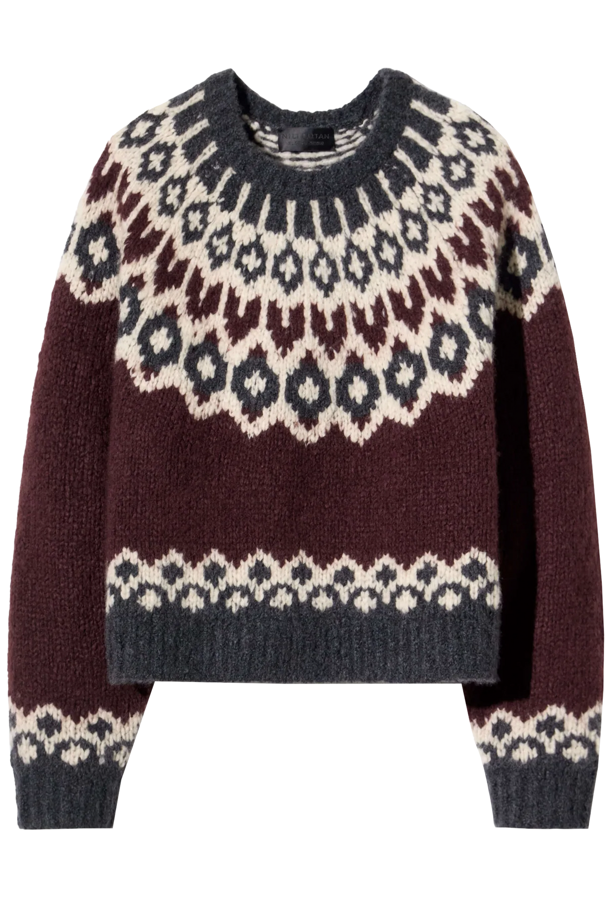 A cropped knit sweater with a traditional Fair Isle pattern in burgundy, cream, and dark gray, shown against a plain white background.