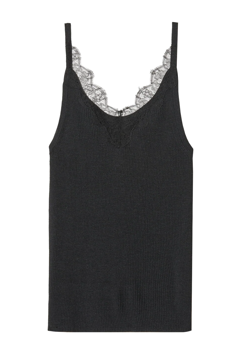 A black ribbed knit camisole tank top with thin straps and a lace-trimmed scoop neckline, shown flat against a white background.