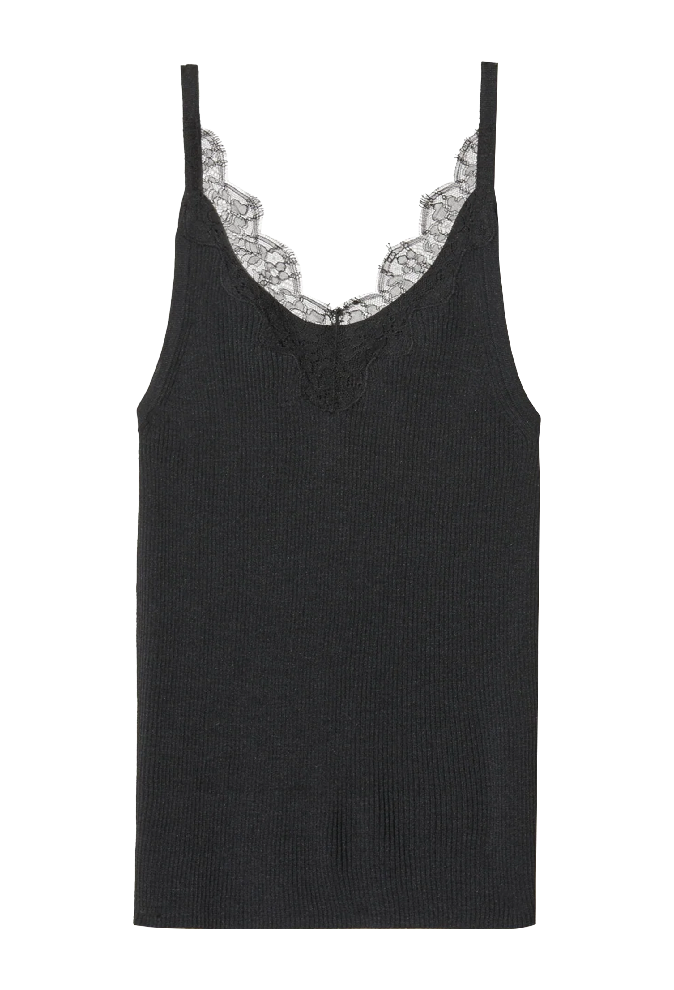A black ribbed knit camisole tank top with thin straps and a lace-trimmed scoop neckline, shown flat against a white background.