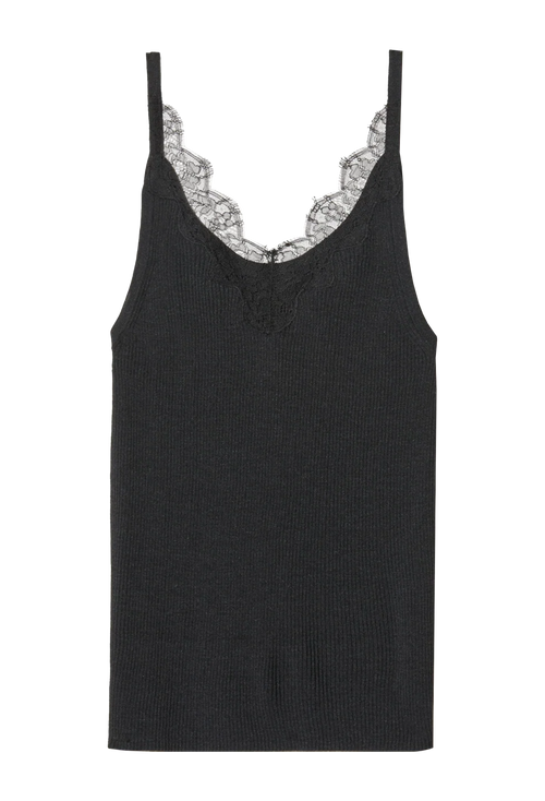 A black ribbed knit camisole tank top with thin straps and a lace-trimmed scoop neckline, shown flat against a white background.