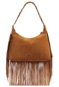 A tan suede hobo shoulder bag with long fringe detailing along the bottom and sides, a braided shoulder strap, and gold-tone hardware. A small gold logo is visible on the front.