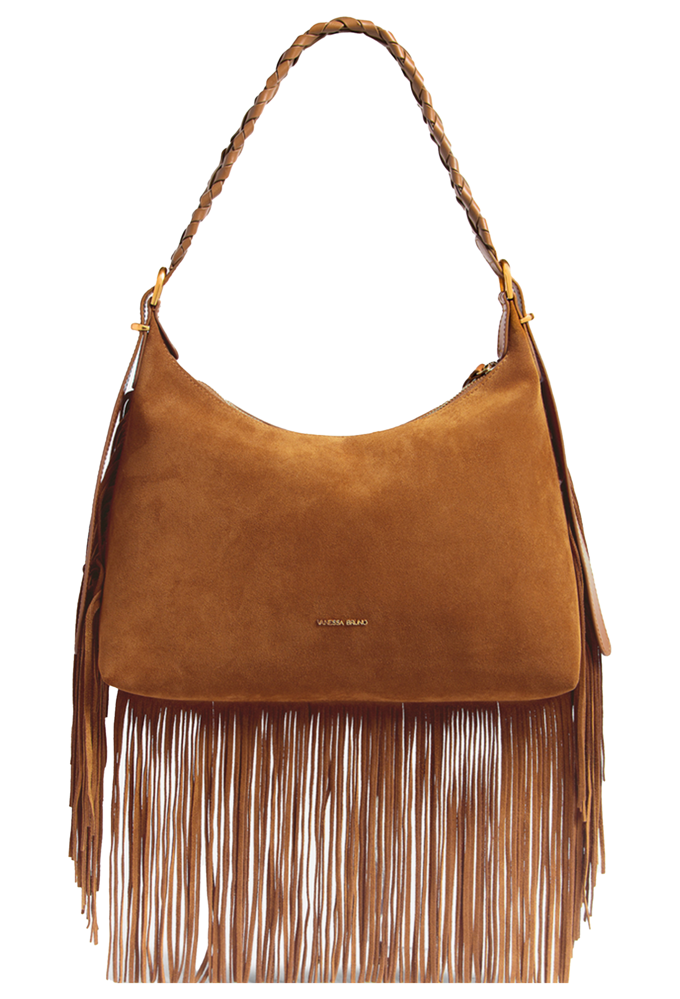 A tan suede hobo shoulder bag with long fringe detailing along the bottom and sides, a braided shoulder strap, and gold-tone hardware. A small gold logo is visible on the front.