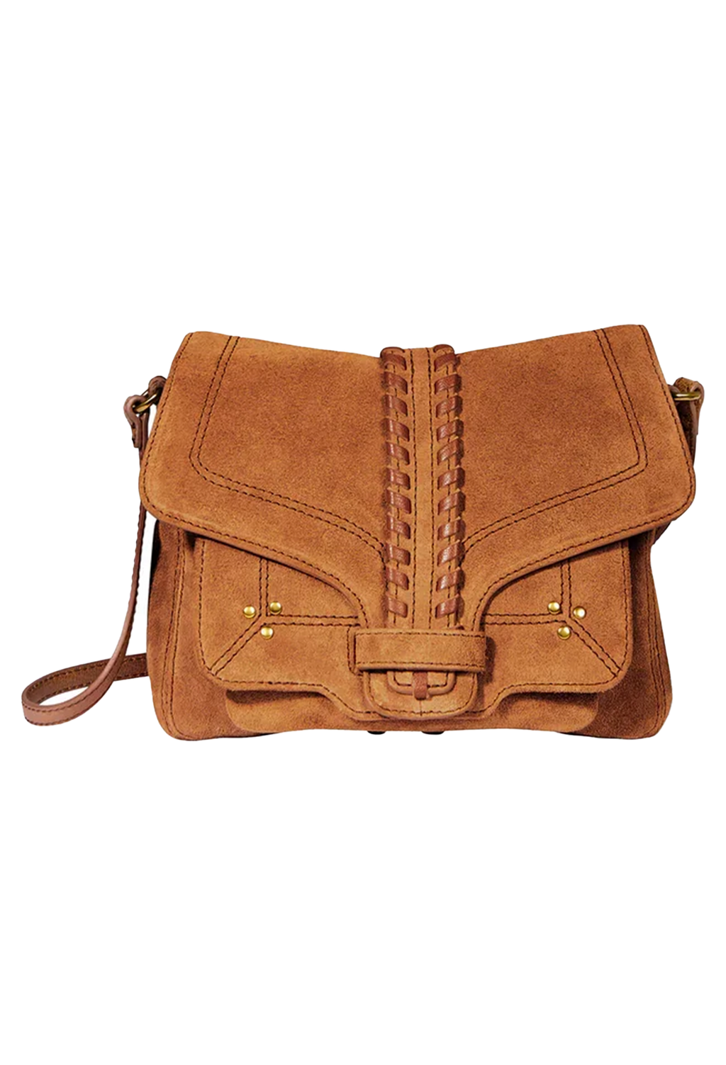 A brown suede shoulder bag with a central braided leather detail, a front flap, and a small buckle closure, shown on a plain white background.