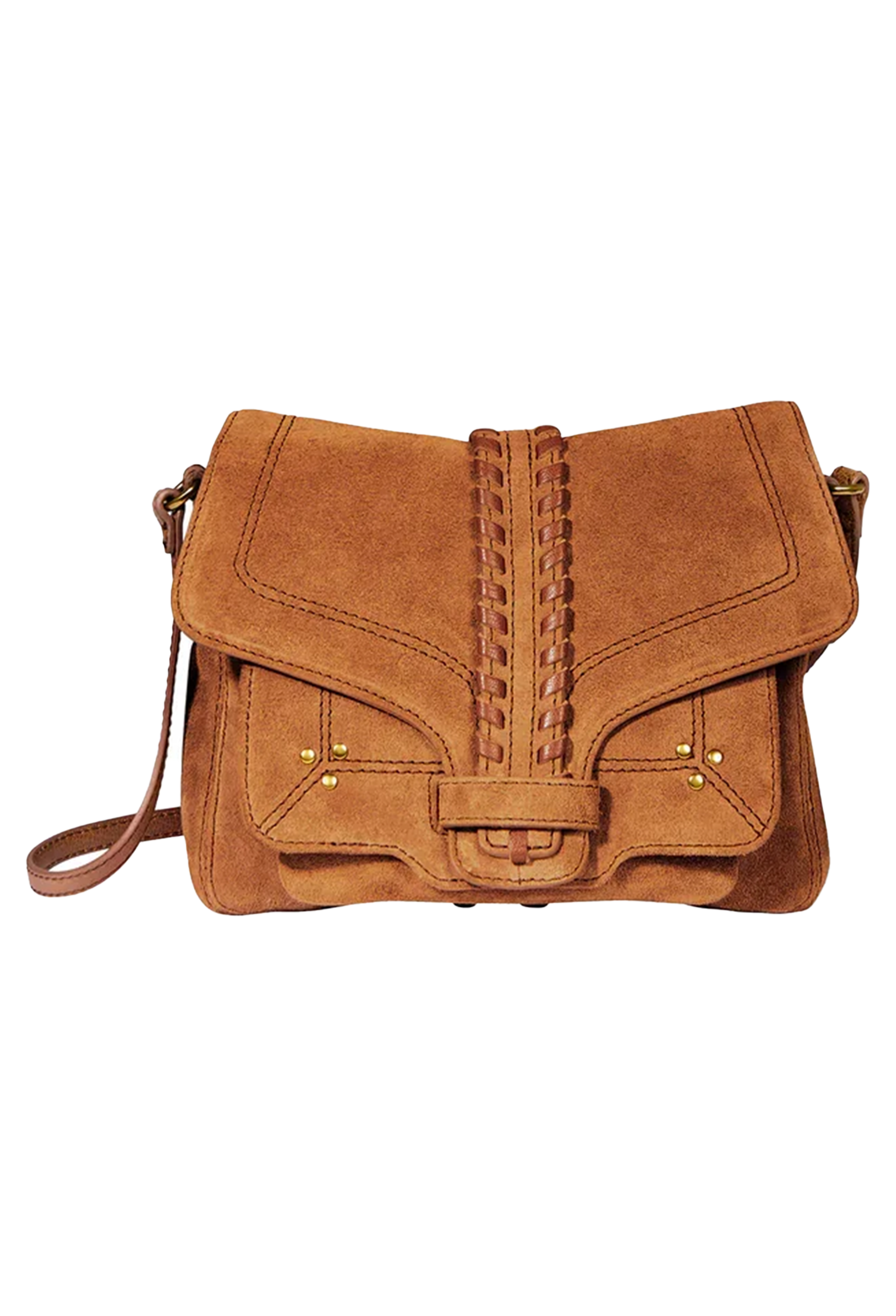 A brown suede shoulder bag with a central braided leather detail, a front flap, and a small buckle closure, shown on a plain white background.