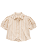 A short-sleeve button-up shirt with vertical tan stripes on a cream base, featuring puffed sleeves and a pointed collar, shown flat against a white background.