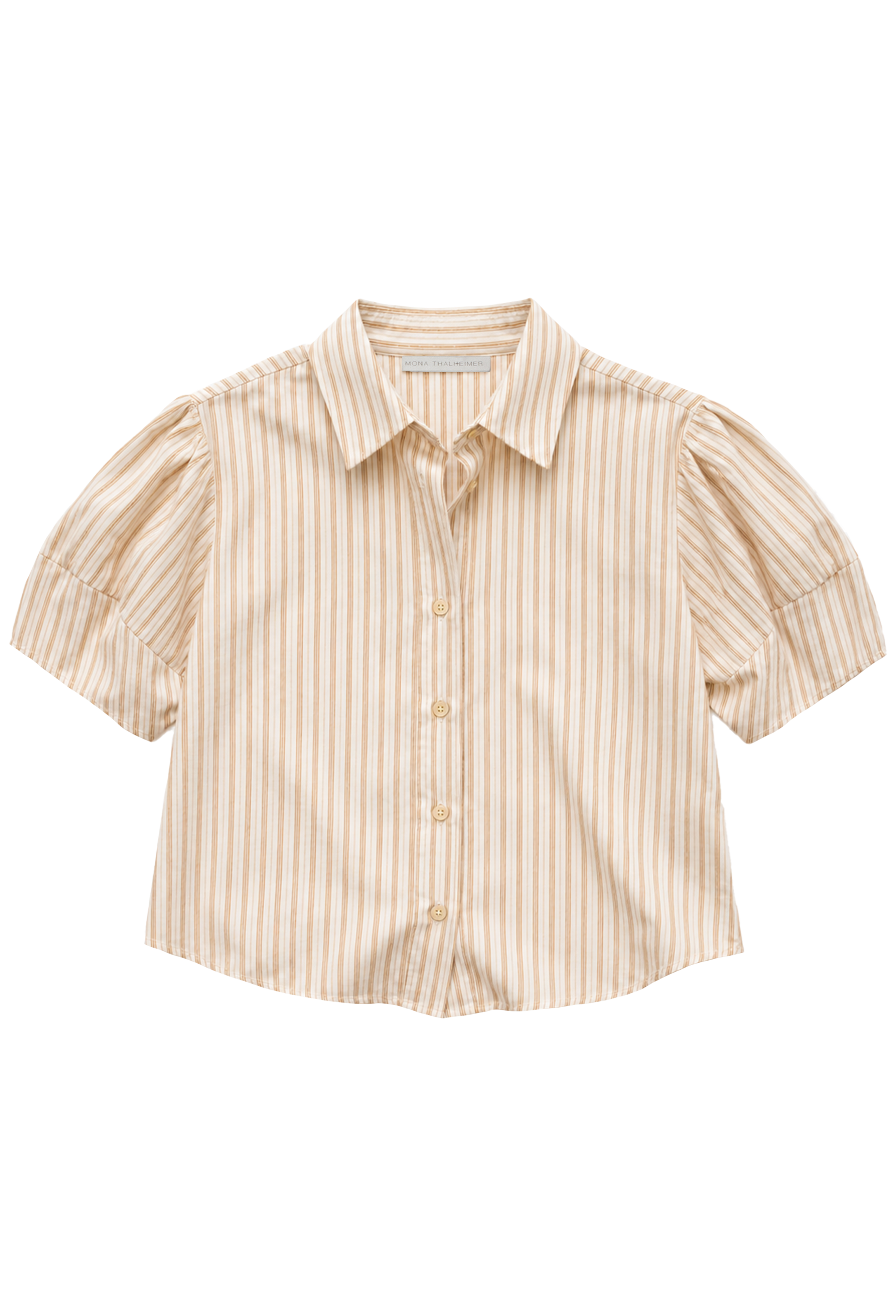 A short-sleeve button-up shirt with vertical tan stripes on a cream base, featuring puffed sleeves and a pointed collar, shown flat against a white background.