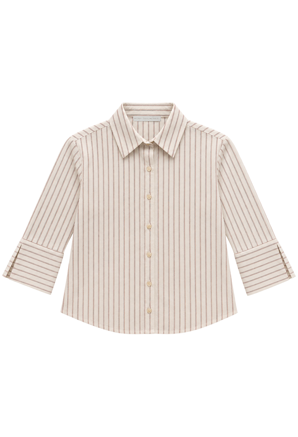 A long-sleeve button-up shirt with vertical stripes in beige and white, featuring a classic collar and button-down front.
